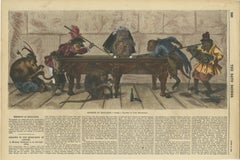 Satirical Hand-colored Engraving of Monkeys at Billiards, 1871