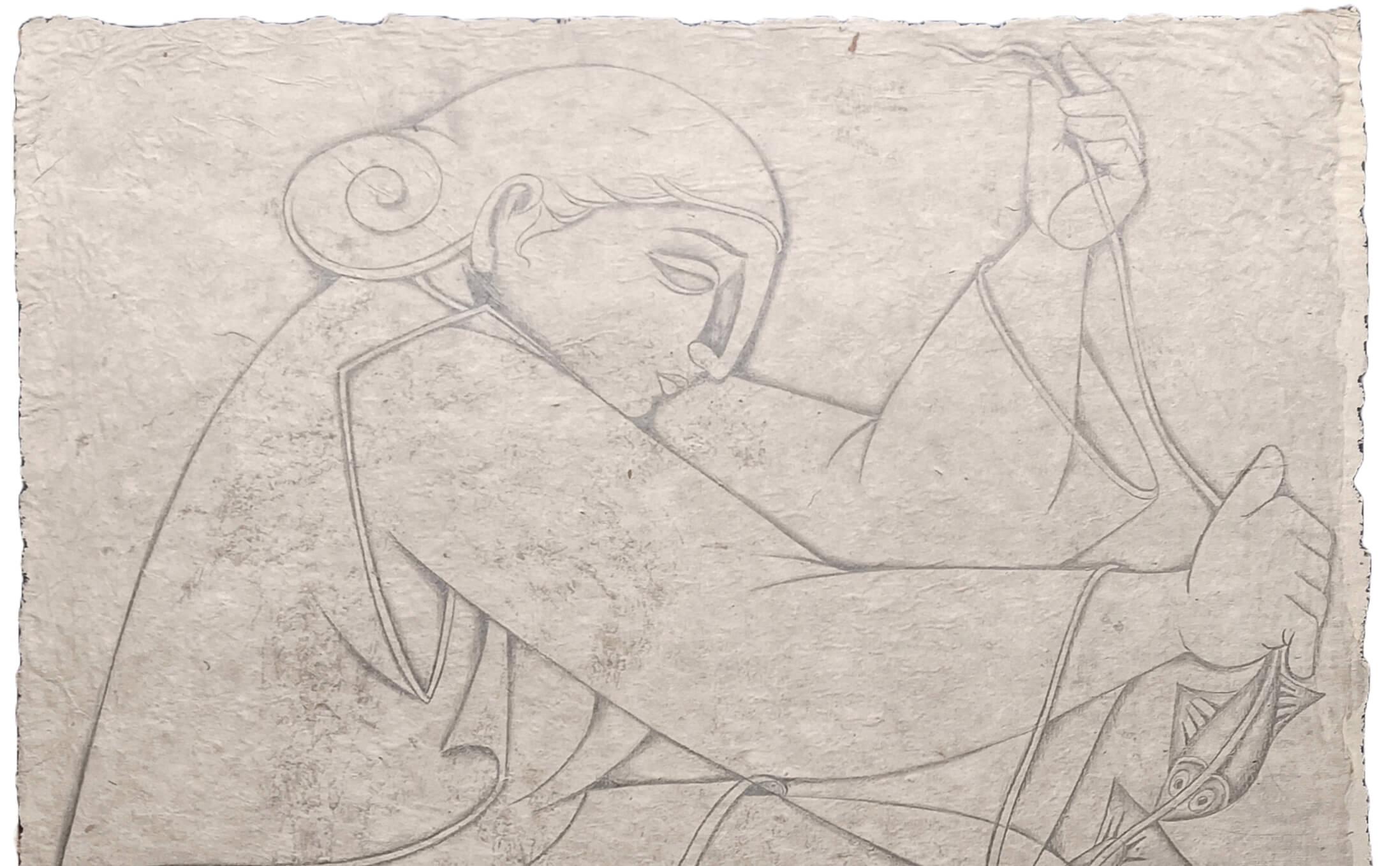 Sans titre, crayon sur papier de riz par l'Artiste Moderne Satish Gujral 