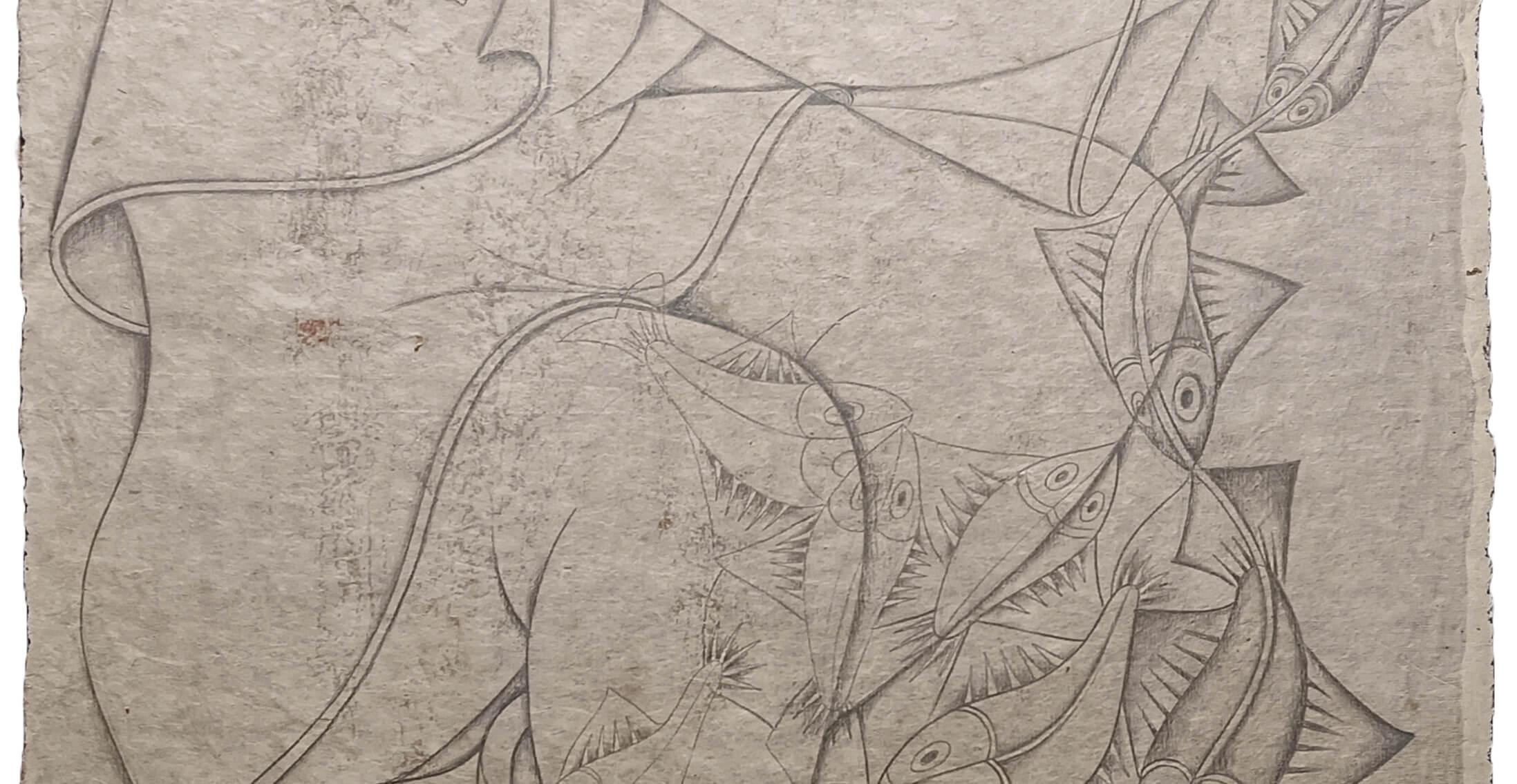 Sans titre, crayon sur papier de riz par l'Artiste Moderne Satish Gujral 