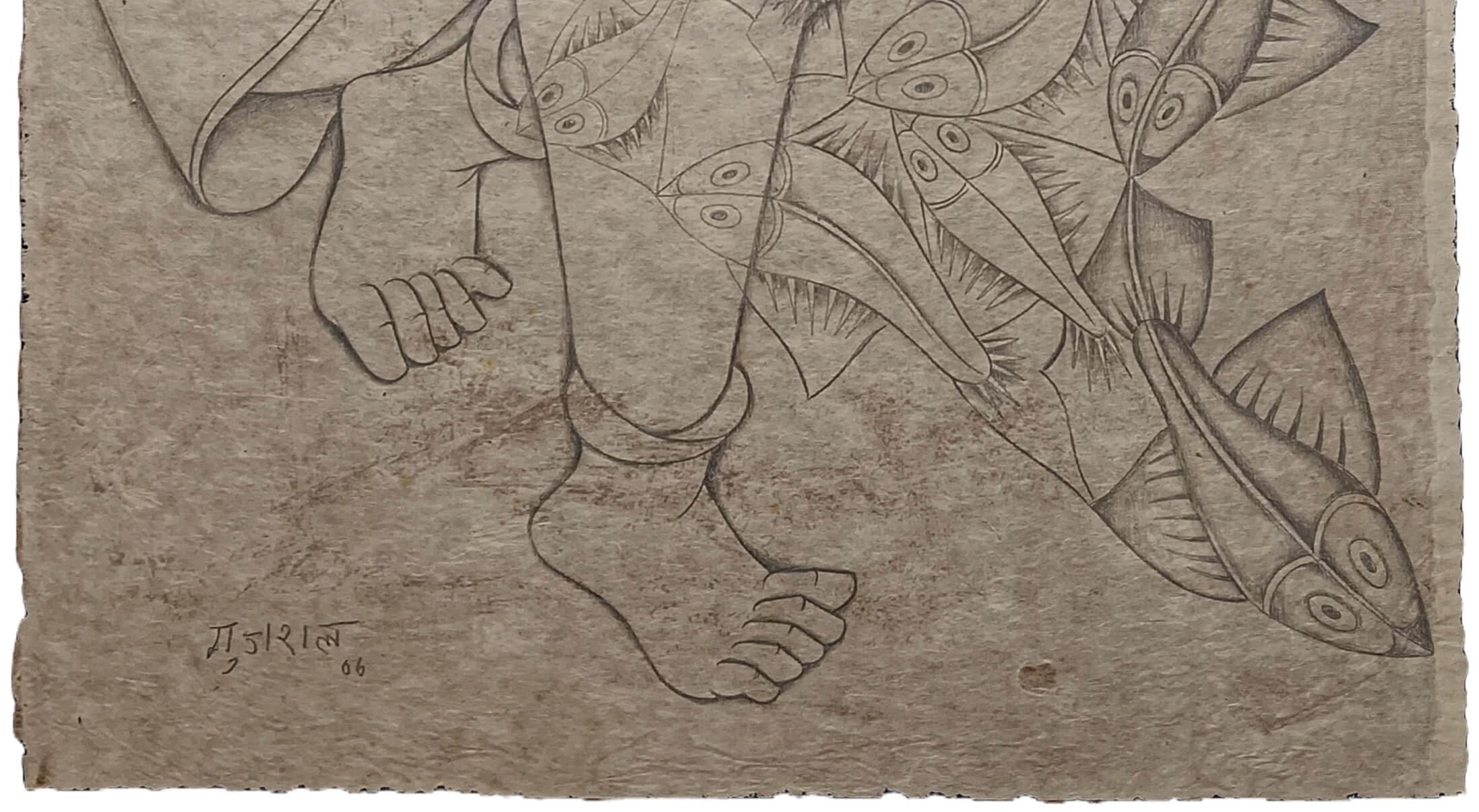 Sans titre, crayon sur papier de riz par l'Artiste Moderne Satish Gujral 