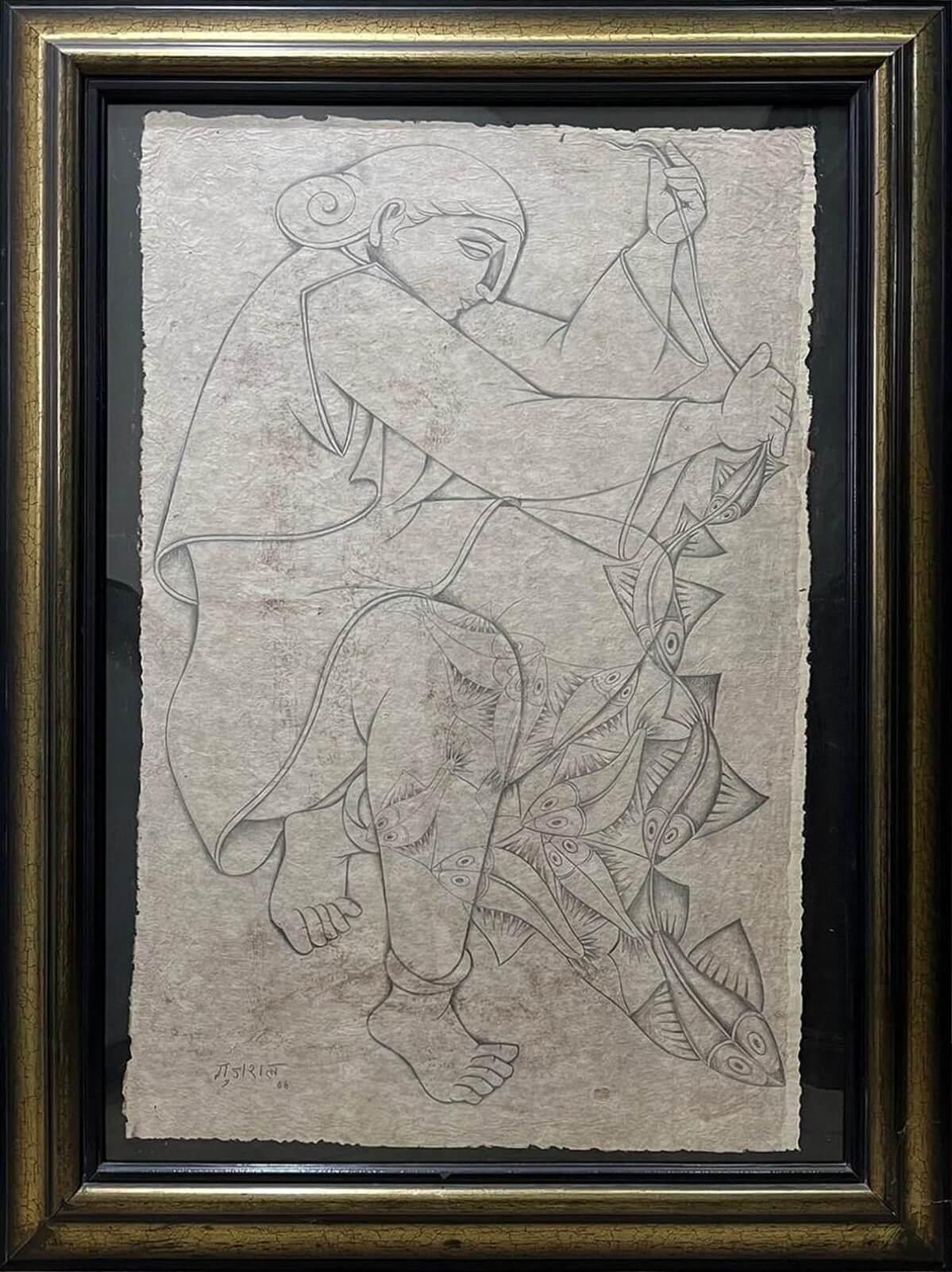 Sans titre, crayon sur papier de riz par l'Artiste Moderne Satish Gujral 