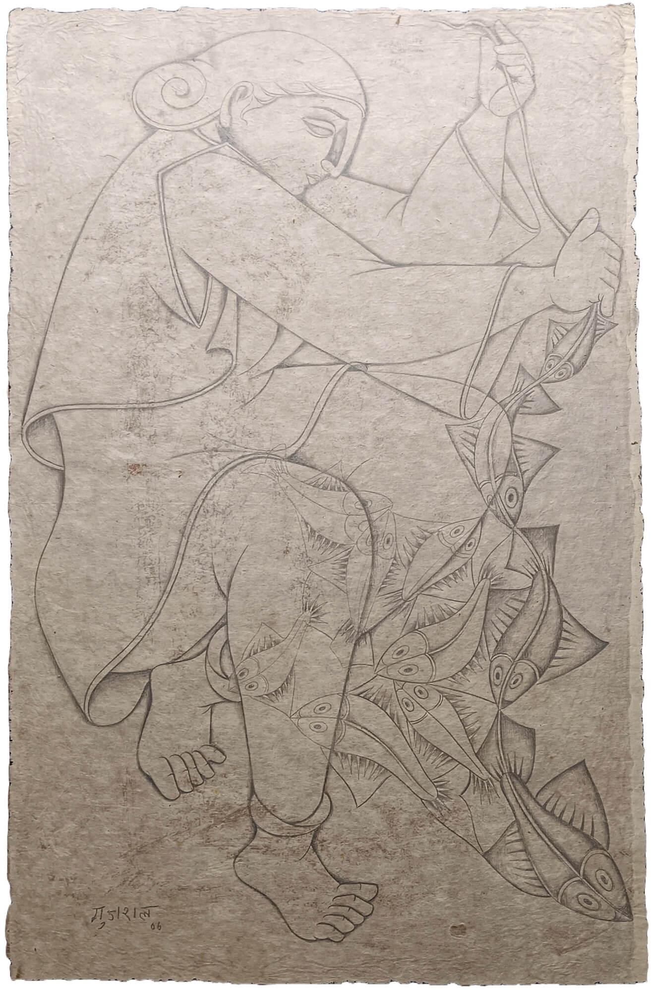 Satish Gujral - Sans titre
Crayon sur papier de riz
32 x 22,5 pouces, 2006
( encadré et livré )

Un dessin au crayon raffiné de Satish Gujral sur papier de riz, représentant une pêcheuse en mouvement, empêtrée dans un filet de poissons stylisés -