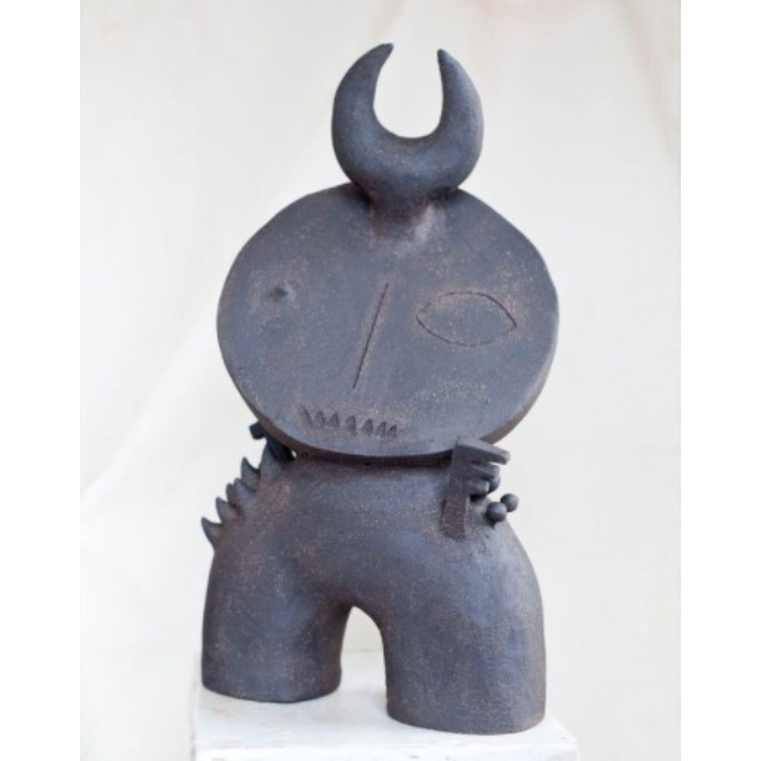 Satori 12 sculpture by Noe Kuremoto
Materials: Earthenware sculpture
Dimensions: D 22 x W 29 x H 52 cm 

When Japanese Mountain Gods appear as children, they are known as Satori. Satori can read your mind. They can speak your thoughts faster than