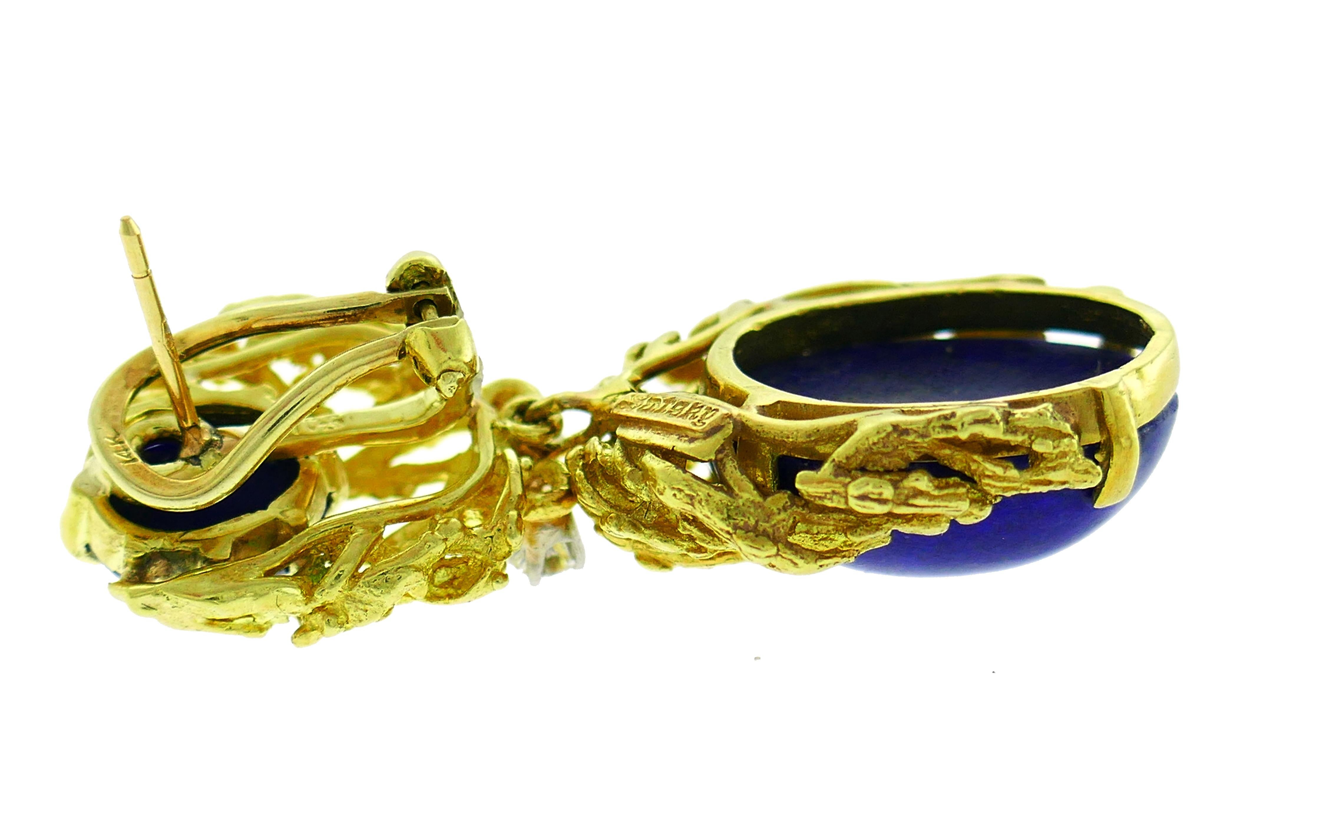 Oval Cut Satsky Lapis Lazuli Diamond Yellow Gold Earrings