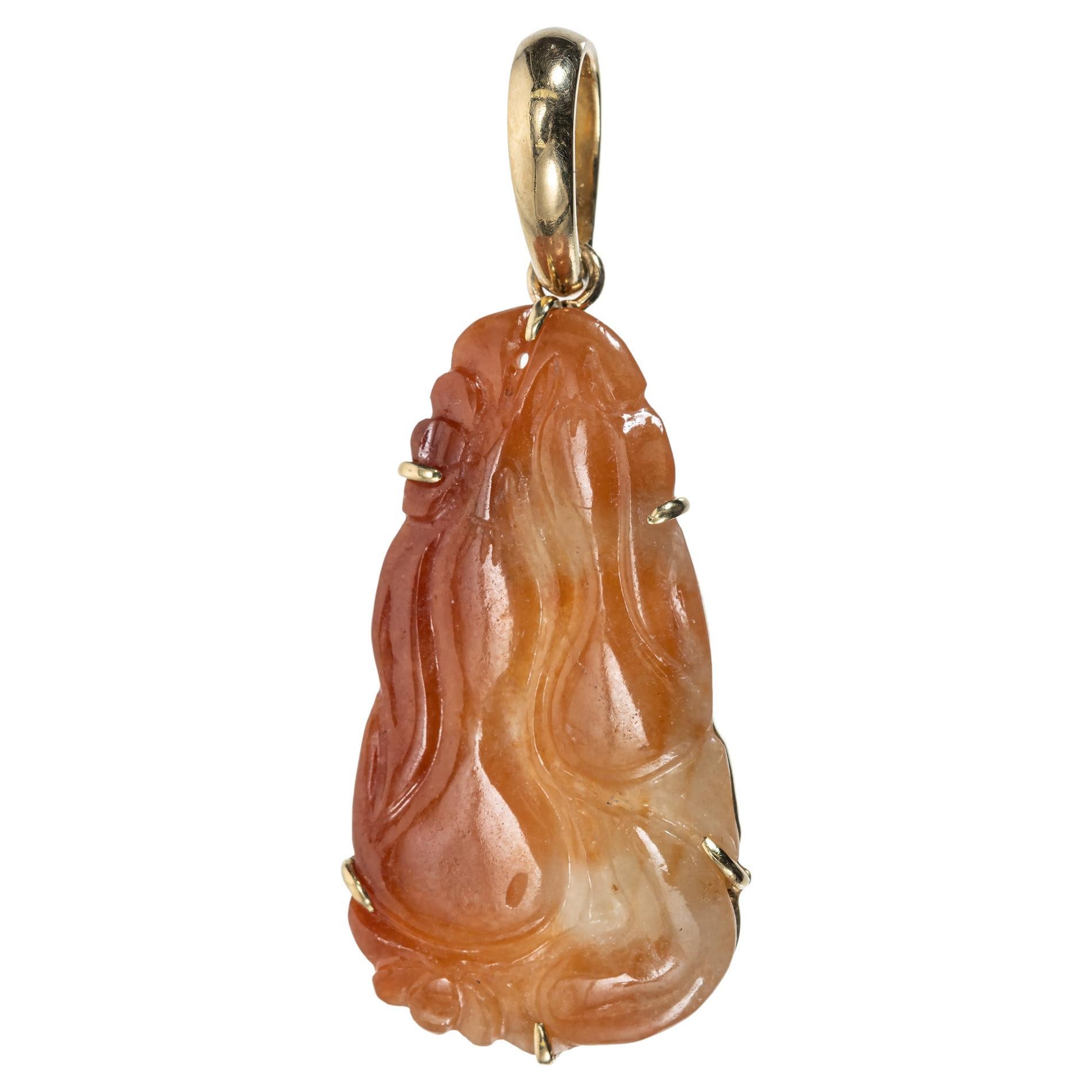 Satsky Natural Red Orange Jadeite Jade Carved Yellow Gold Pendant For Sale