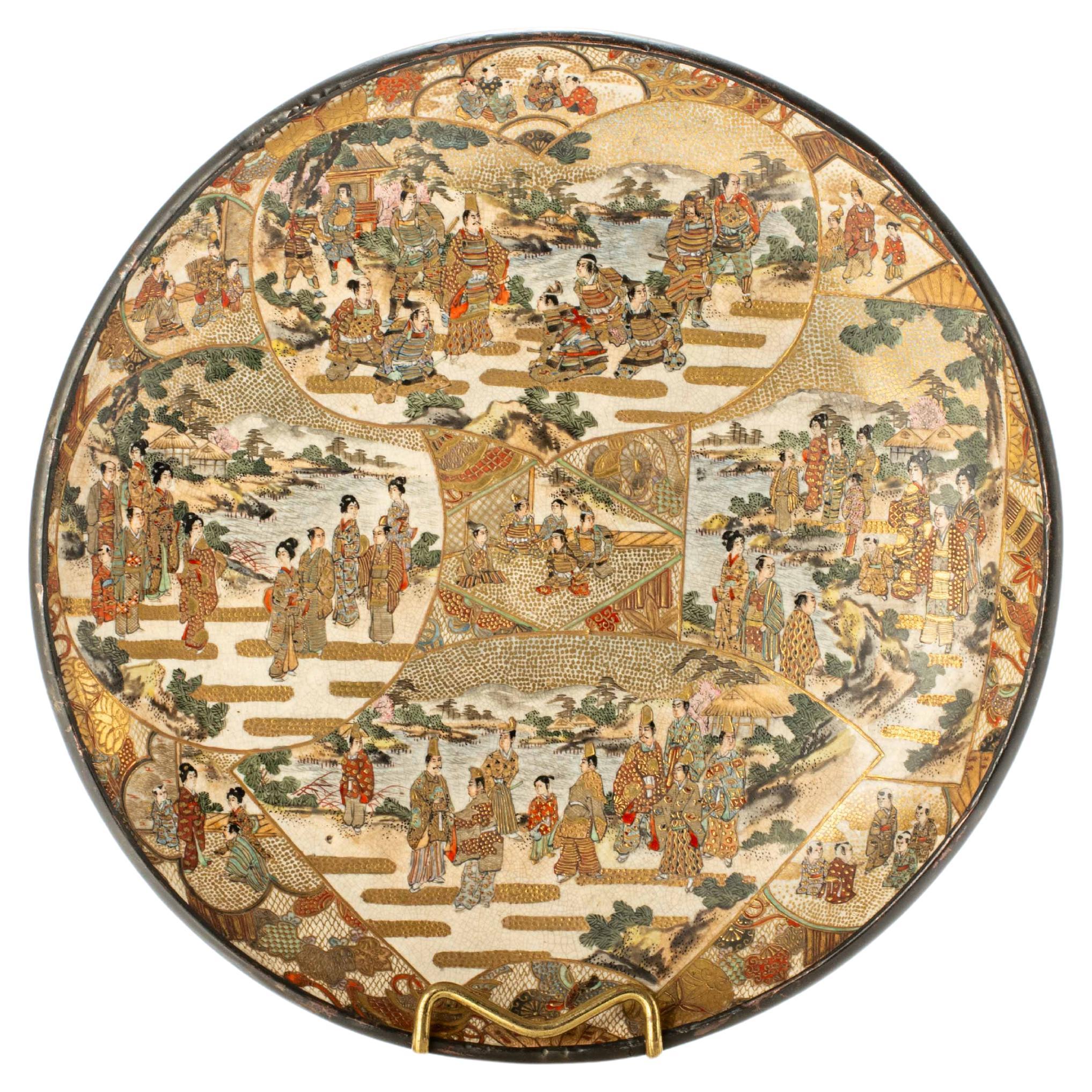Satsuma ceramic plate adorned with polychrome and gold decorations For Sale