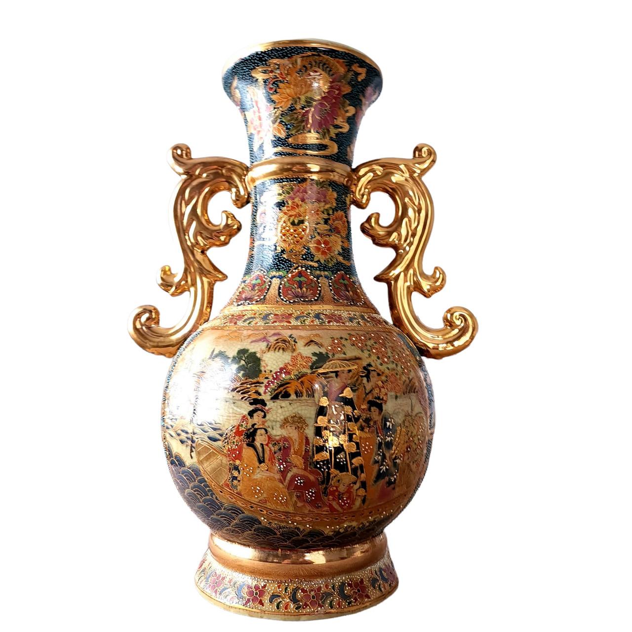 Women's or Men's Satsuma Earthenware Gold Gilded Hand Painted Double Handle Vase For Sale