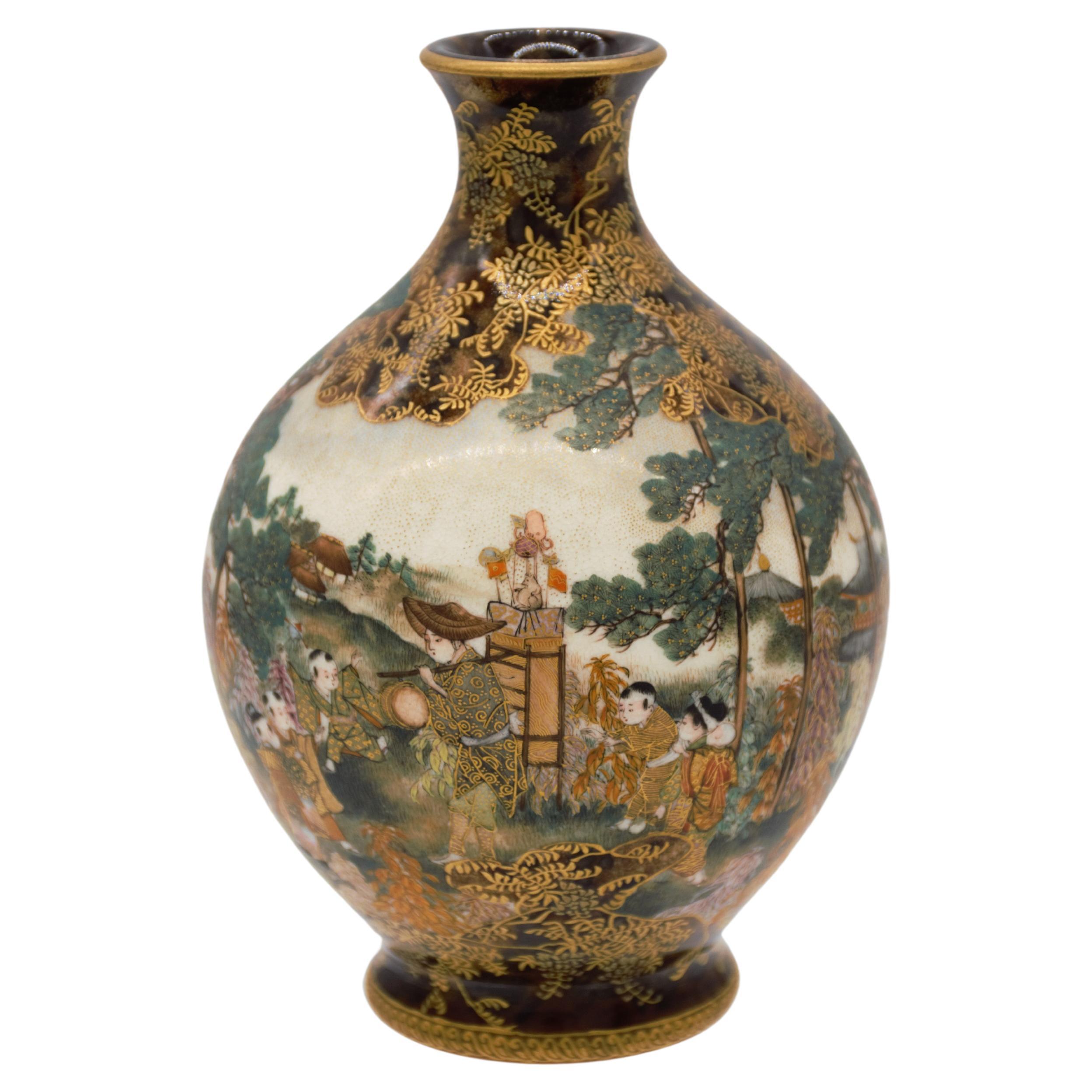 Satsuma earthenware vase by kinkozan, Meiji period For Sale