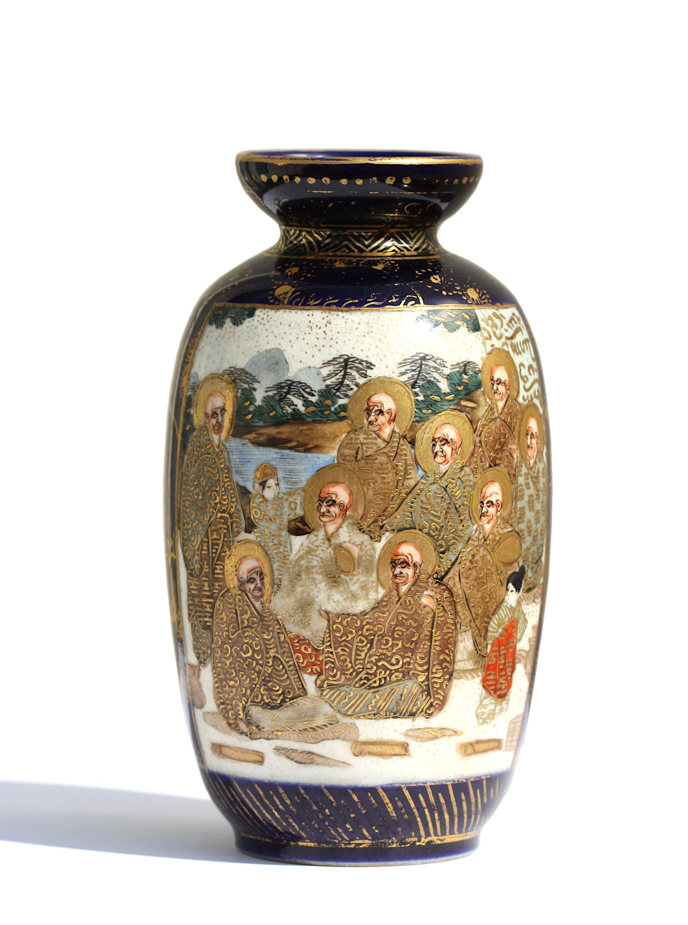 
Satsuma earthenware vase
the baluster-shaped body painted in enamels and gilt with two panels, one depicting numerous immortals with raised gilt in terraced garden setting, the other showing a group of women with attendants, the panels separated by