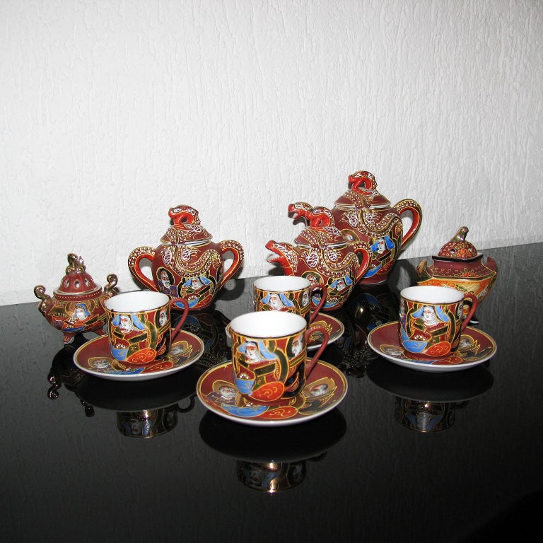 Anglo-Japanese Satsuma Geisha Lithophane Porcelain Tea Set, Mid-Century, Japan For Sale