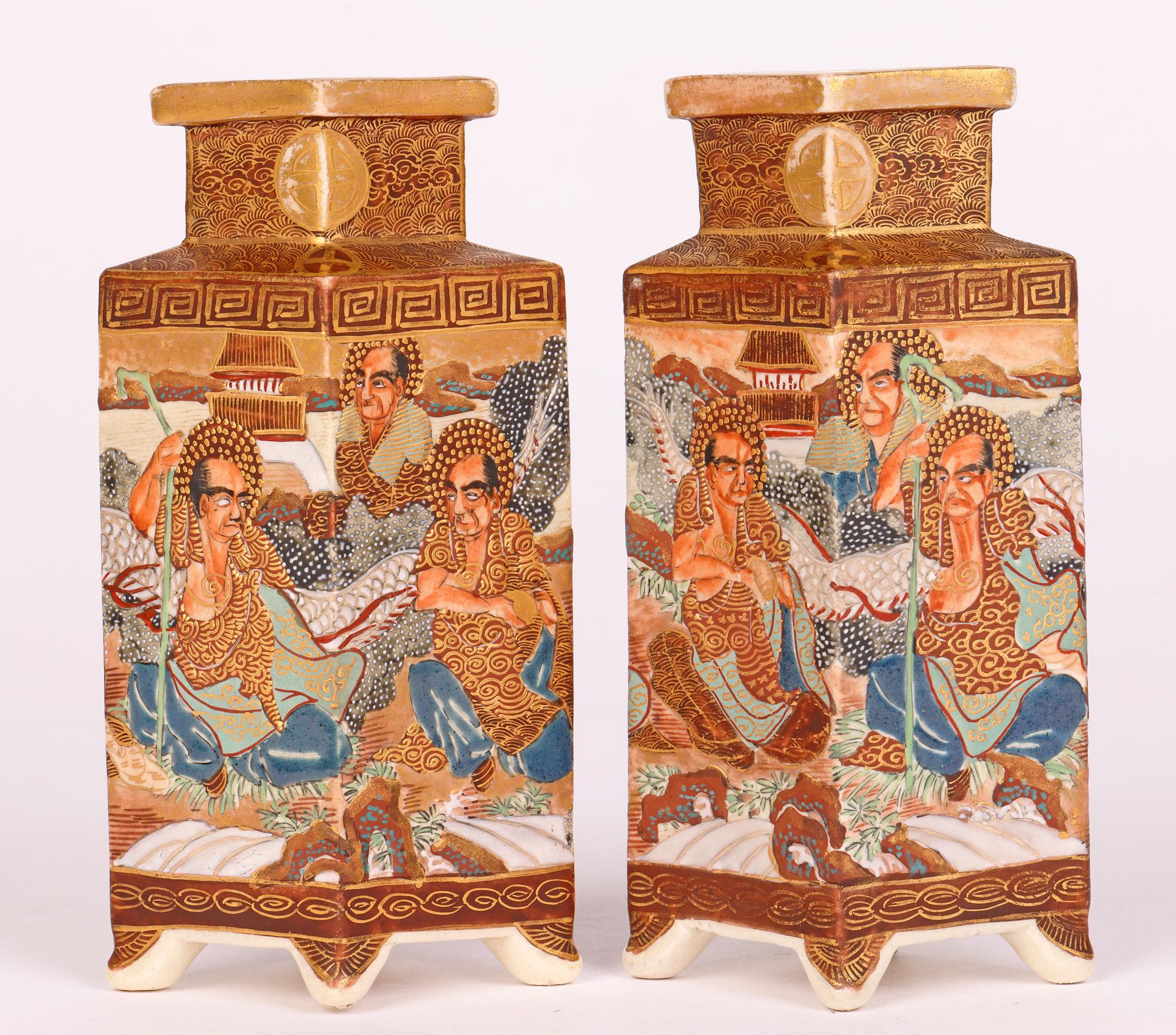 Hand-Crafted Satsuma Japanese Meiji Pair Diamond Shaped Pottery Vases For Sale