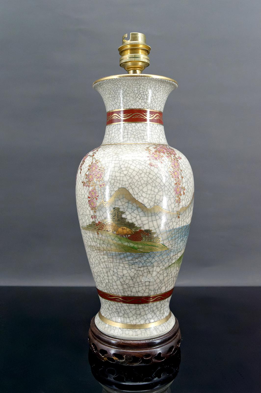 Japanese Satsuma porcelain lamp, Geishas and Cherry trees, Japan, Circa 1950 For Sale