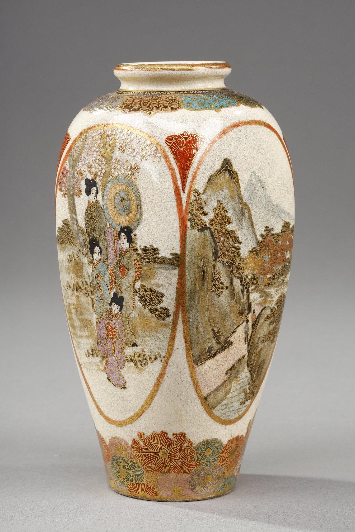 Small porcelain vase in Satsuma earthenware. The 4-sided body is decorated in polychrome and gold enamels with geishas in a garden, a mountain landscape, a bird on a flowering branch, and a temple in nature. Japan, Meiji period (1868-1912). Satsuma