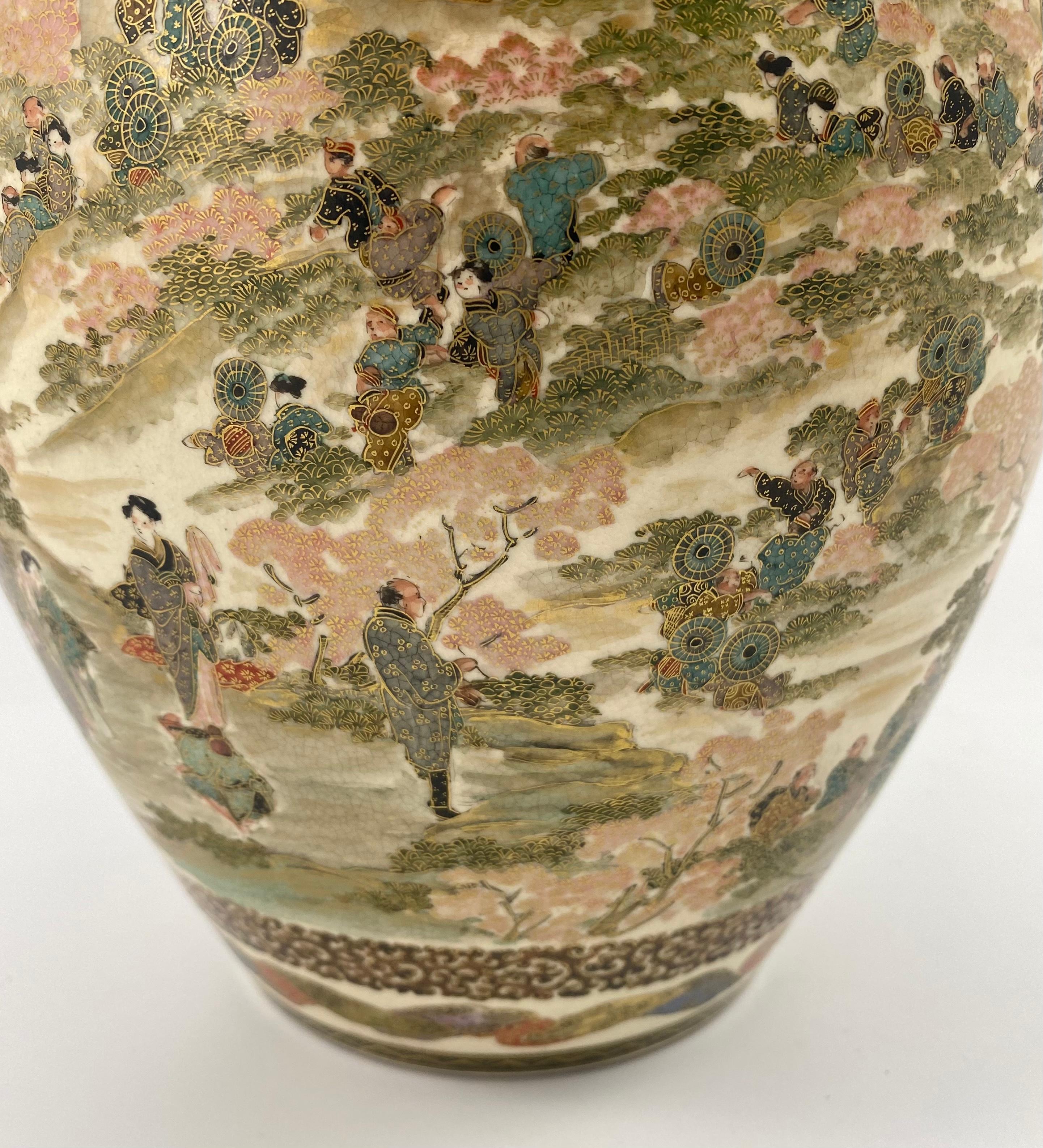 Satsuma Pottery Vase, Festival Gathering, Signed Zenkozan, Meiji Period 3