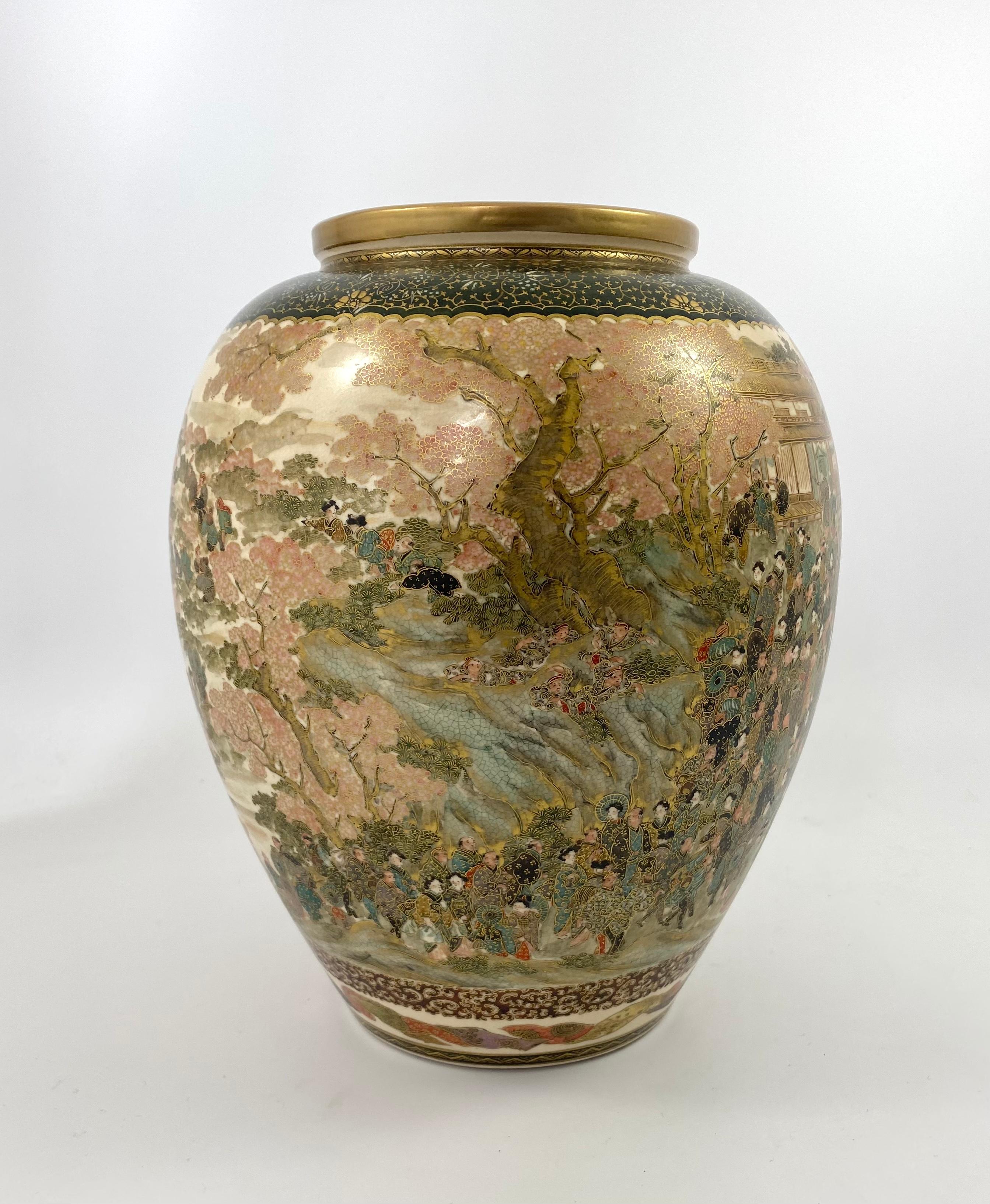 Satsuma Pottery Vase, Festival Gathering, Signed Zenkozan, Meiji Period 4