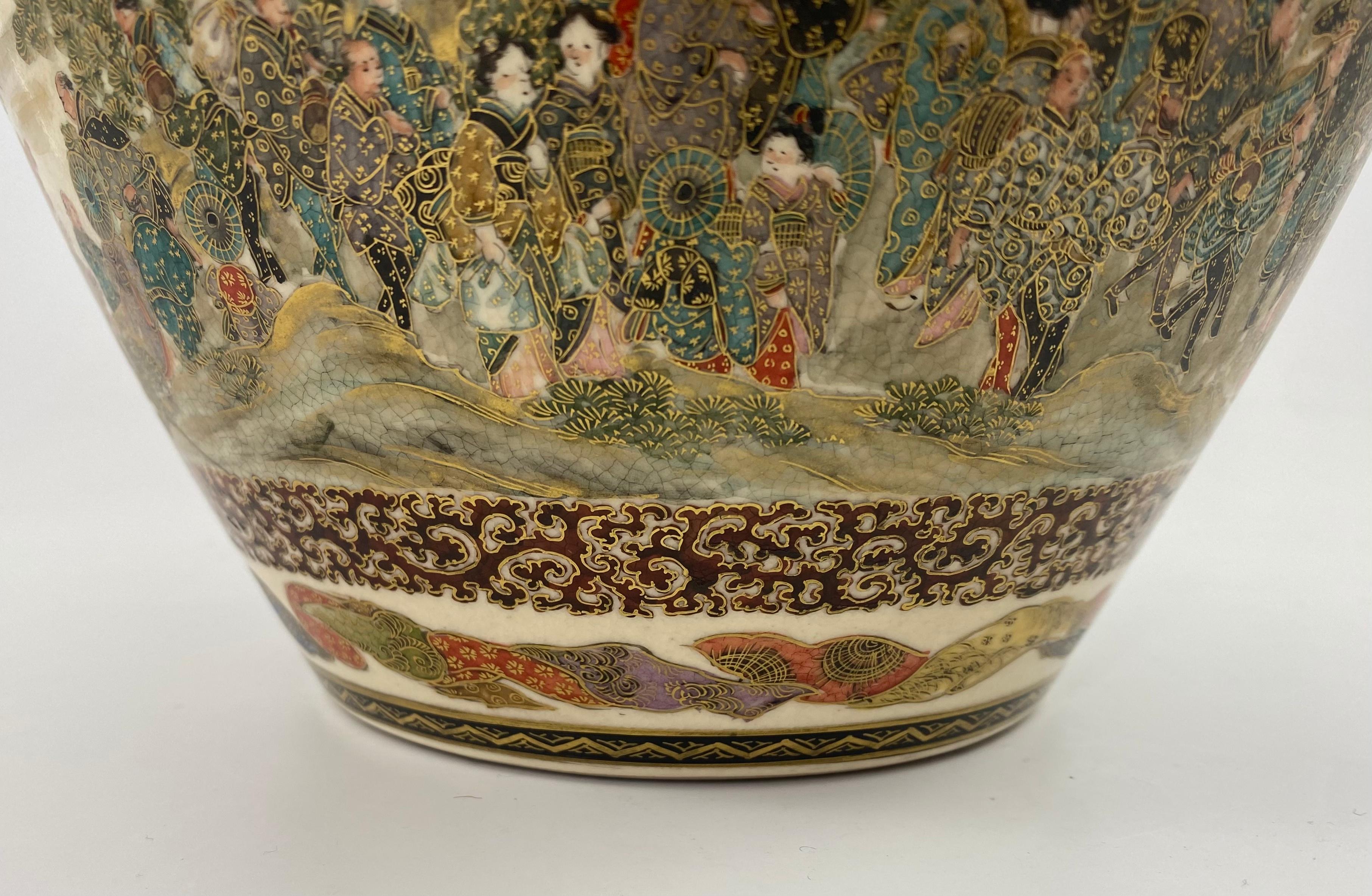 Satsuma Pottery Vase, Festival Gathering, Signed Zenkozan, Meiji Period 7