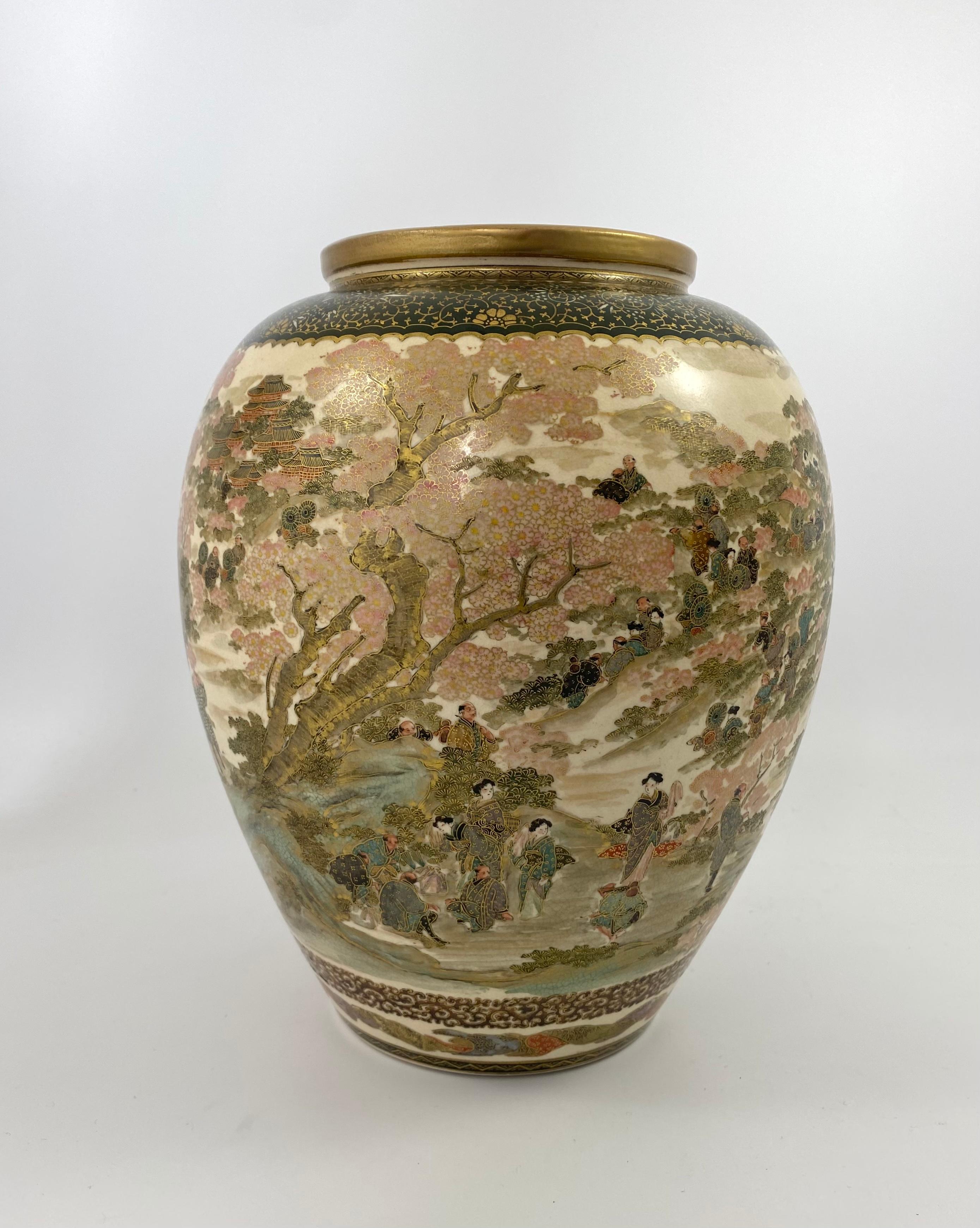 Satsuma Pottery Vase, Festival Gathering, Signed Zenkozan, Meiji Period 10