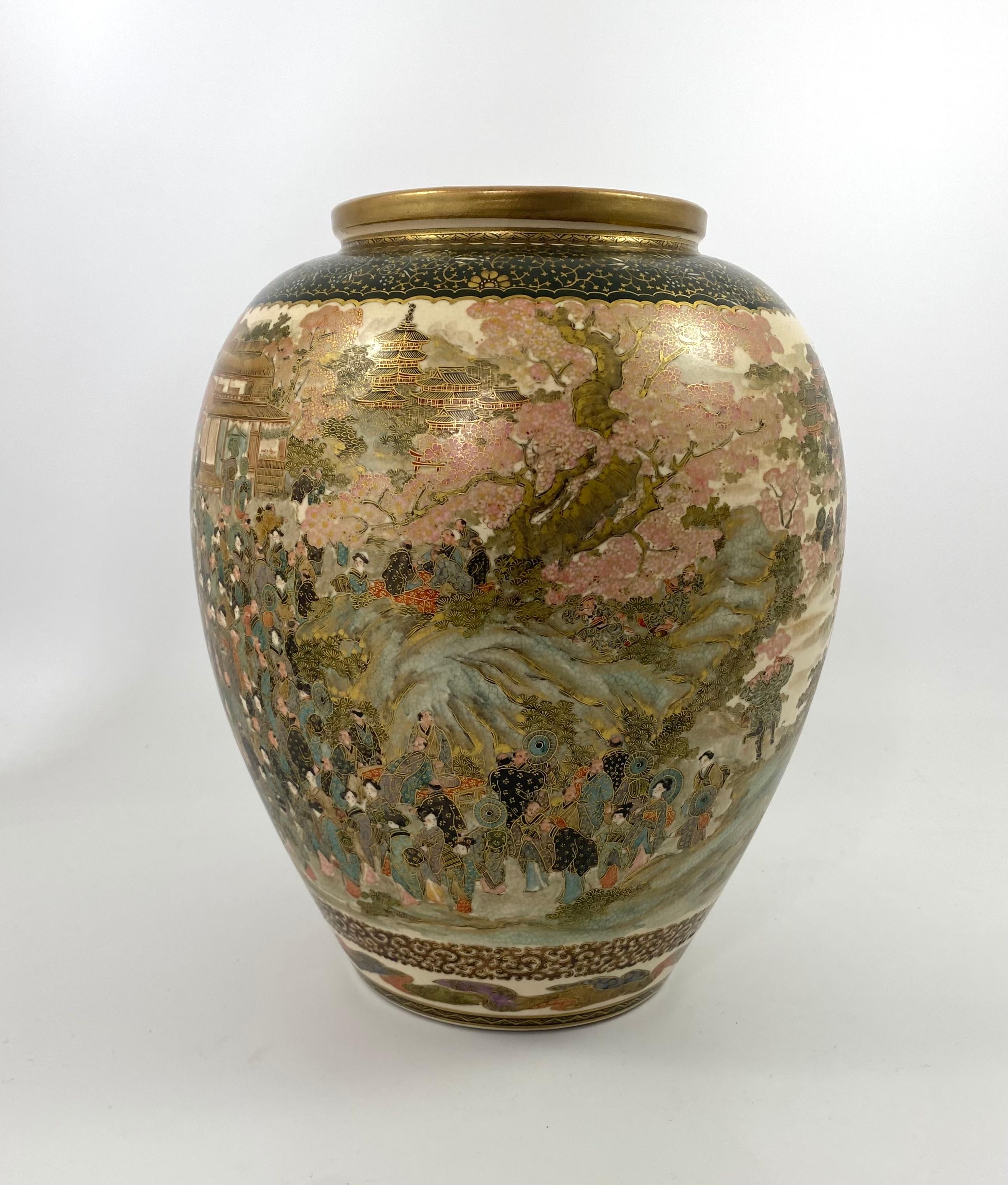 Japanese Satsuma Pottery Vase, Festival Gathering, Signed Zenkozan, Meiji Period