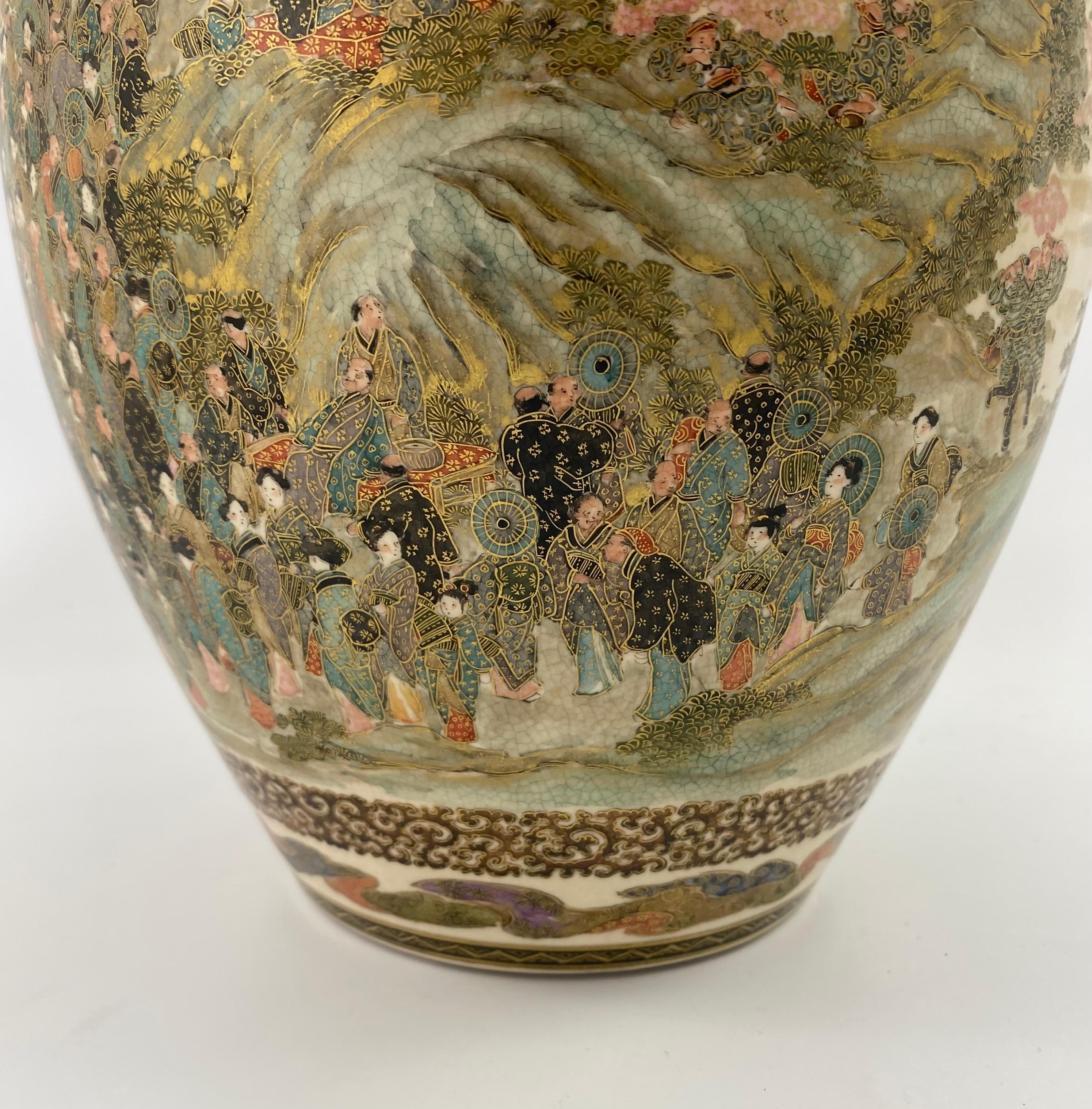Fired Satsuma Pottery Vase, Festival Gathering, Signed Zenkozan, Meiji Period
