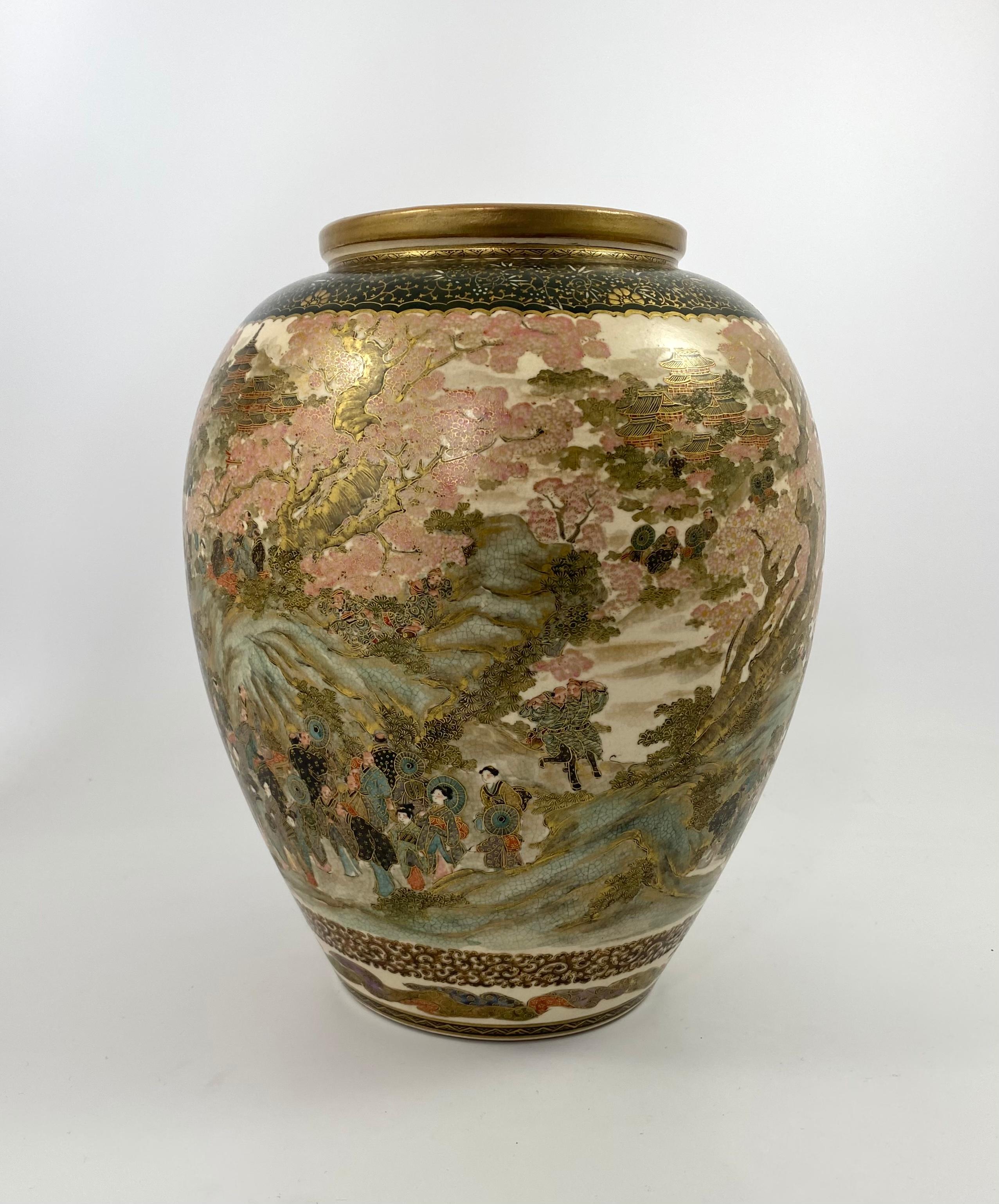 Satsuma Pottery Vase, Festival Gathering, Signed Zenkozan, Meiji Period In Excellent Condition In Gargrave, North Yorkshire
