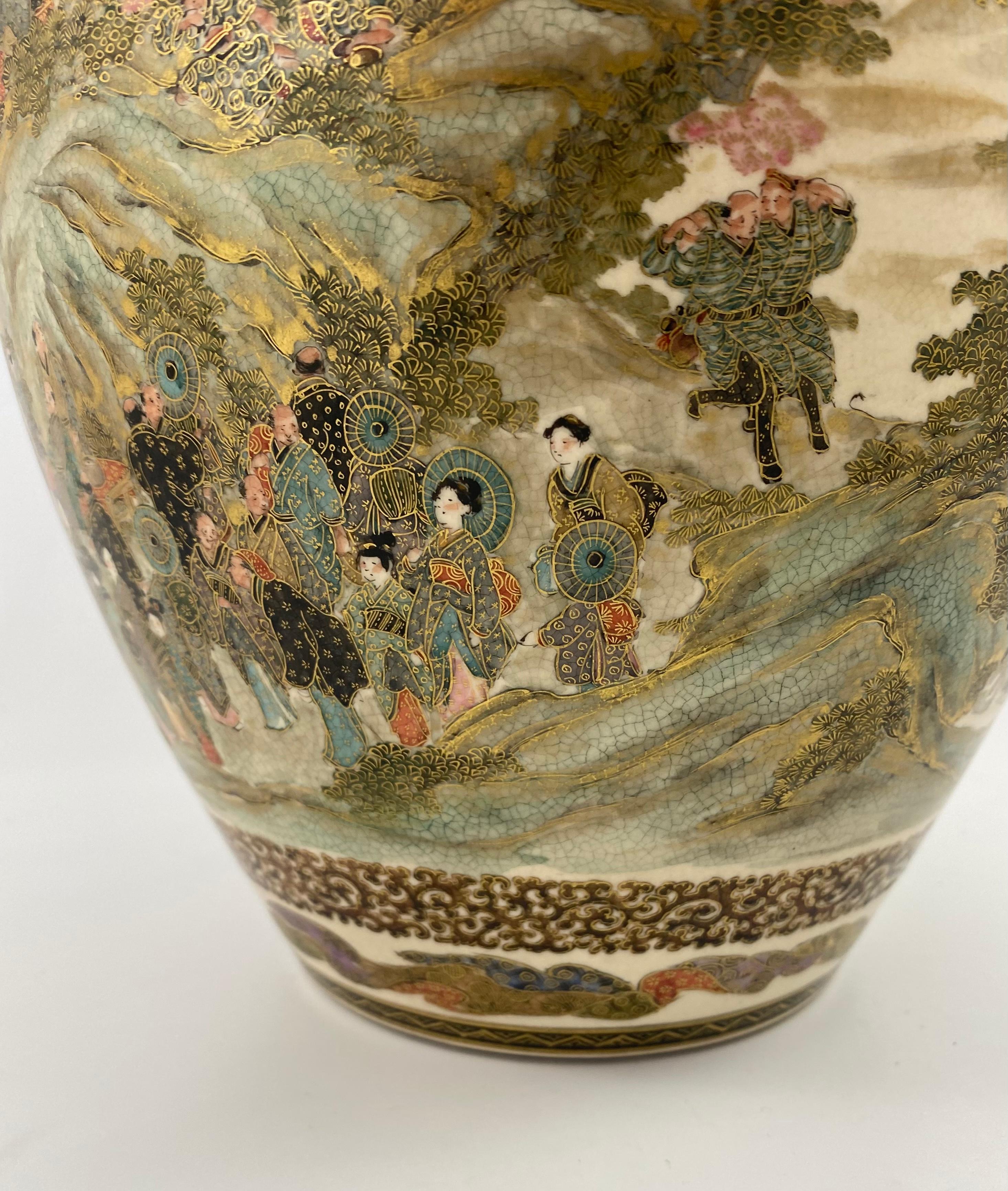 Late 19th Century Satsuma Pottery Vase, Festival Gathering, Signed Zenkozan, Meiji Period