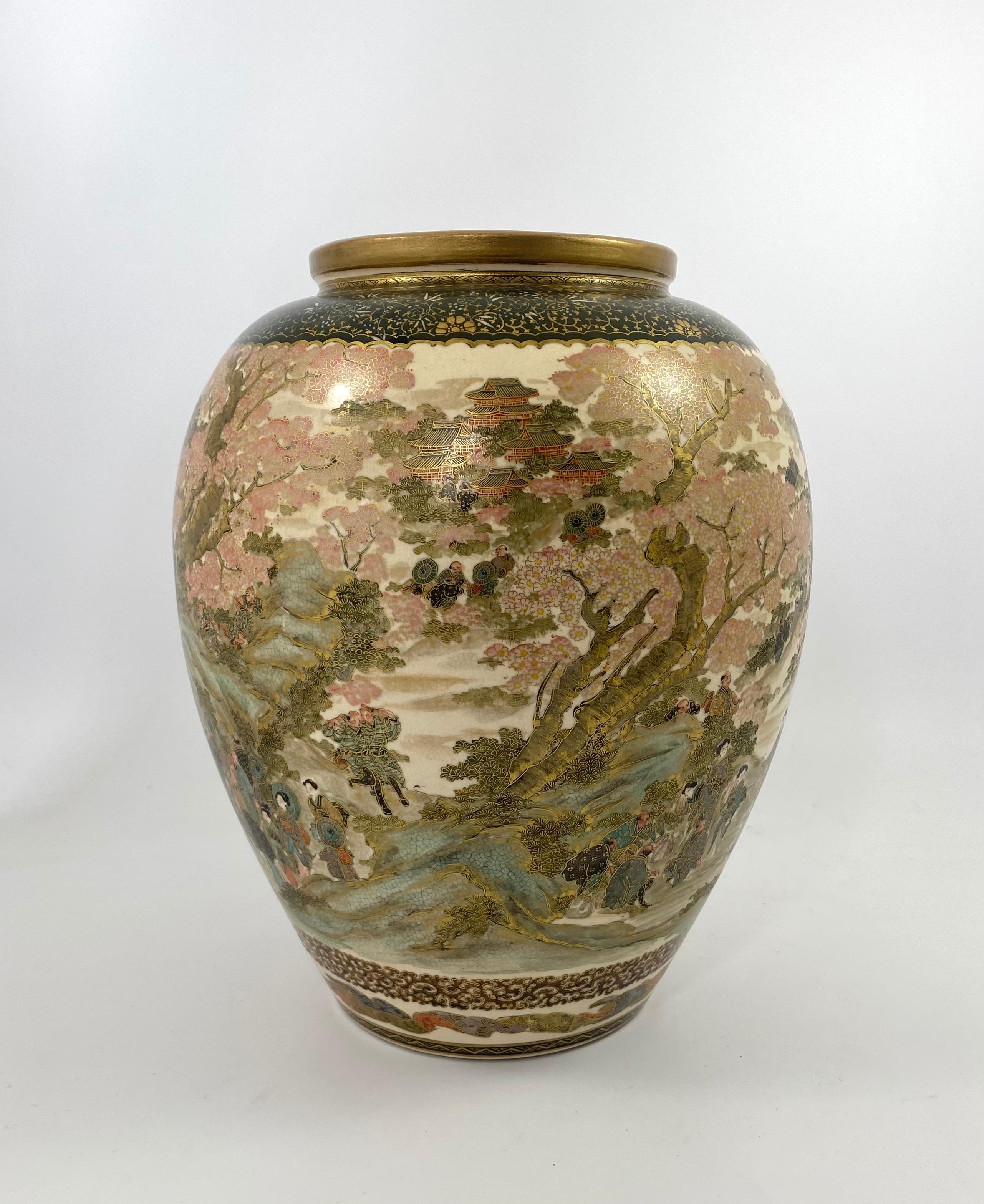 Earthenware Satsuma Pottery Vase, Festival Gathering, Signed Zenkozan, Meiji Period
