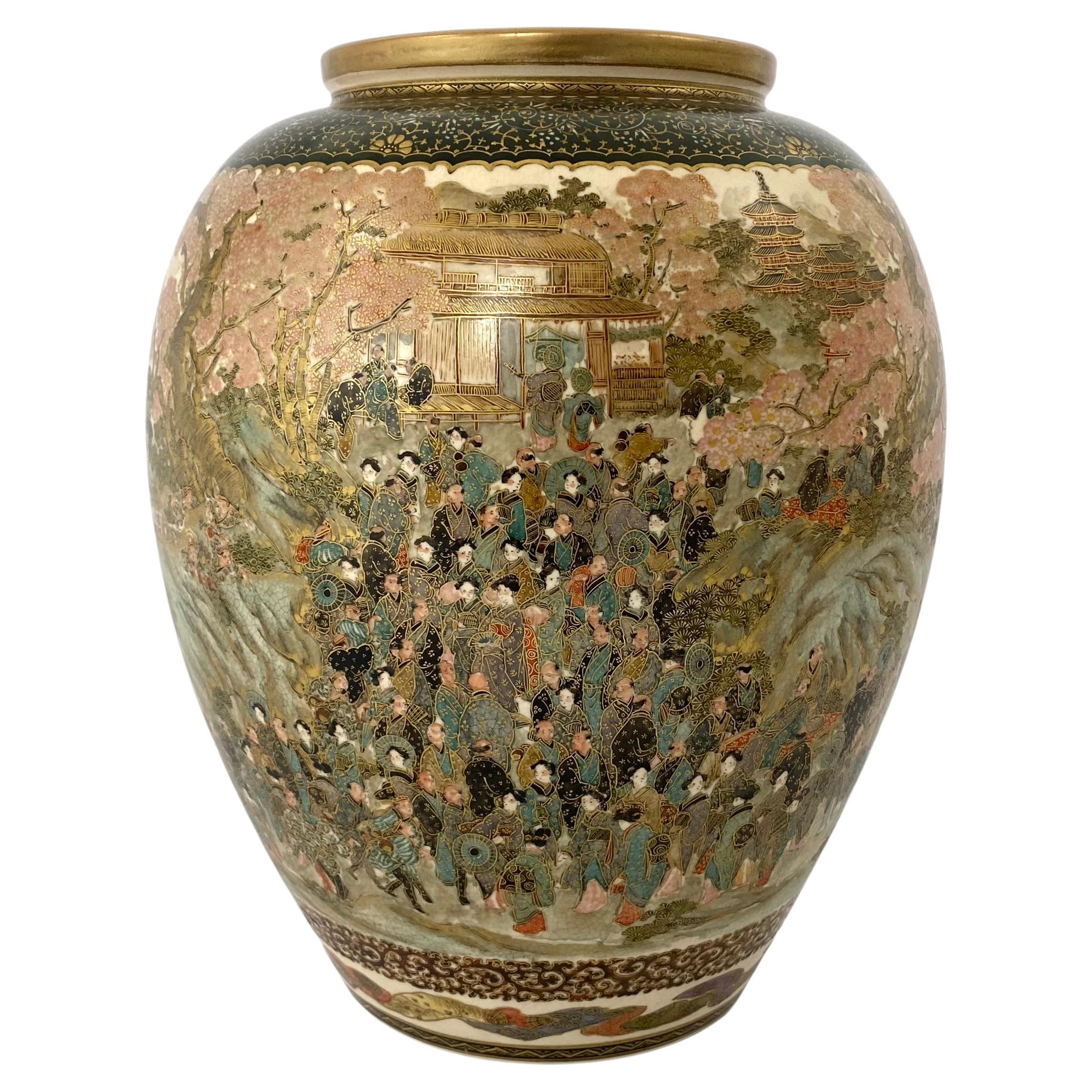 Satsuma Pottery Vase, Festival Gathering, Signed Zenkozan, Meiji Period