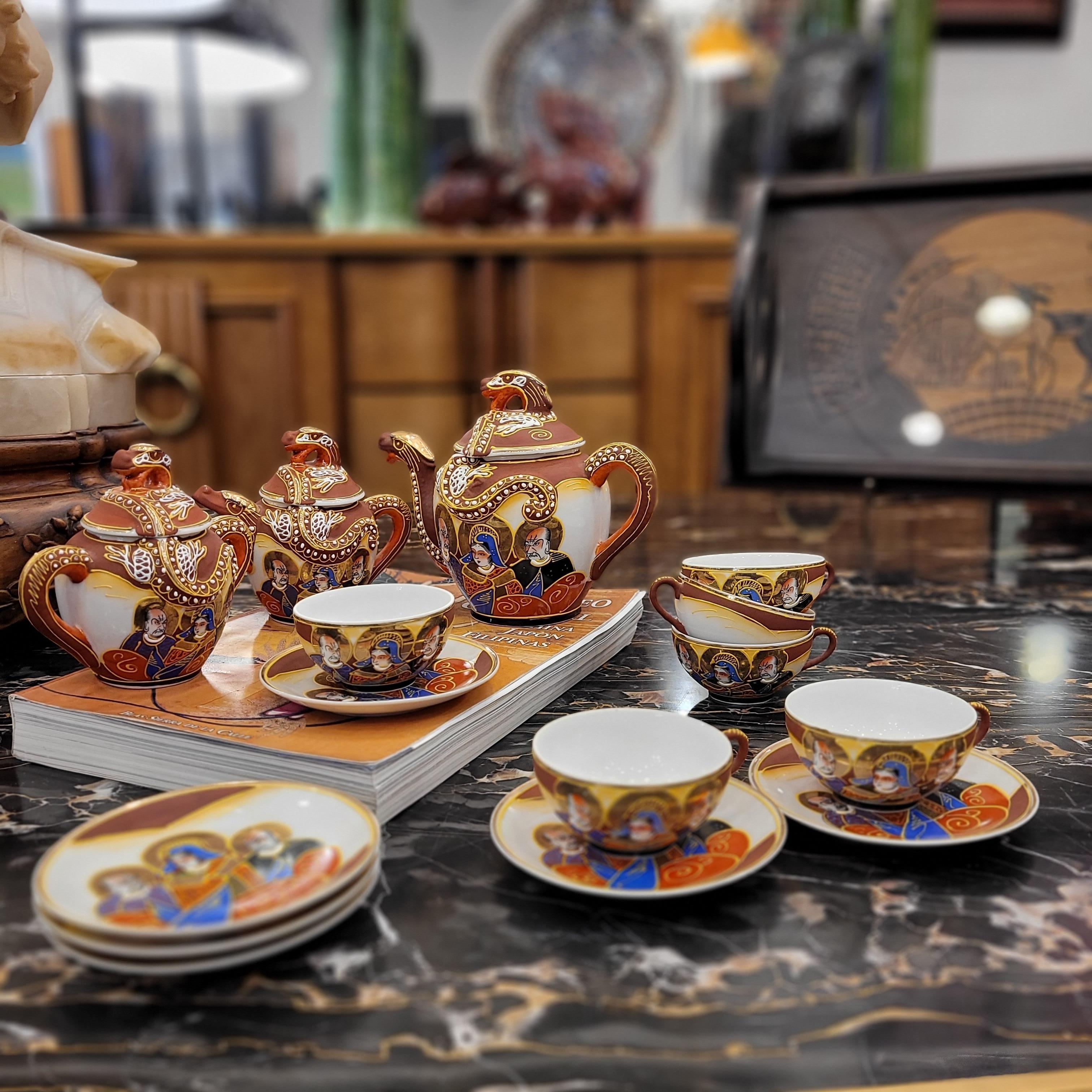 Satsuma Red Gold Blue Satsuma Porcelain Tea Set, Nakasima Japan For Sale 7
