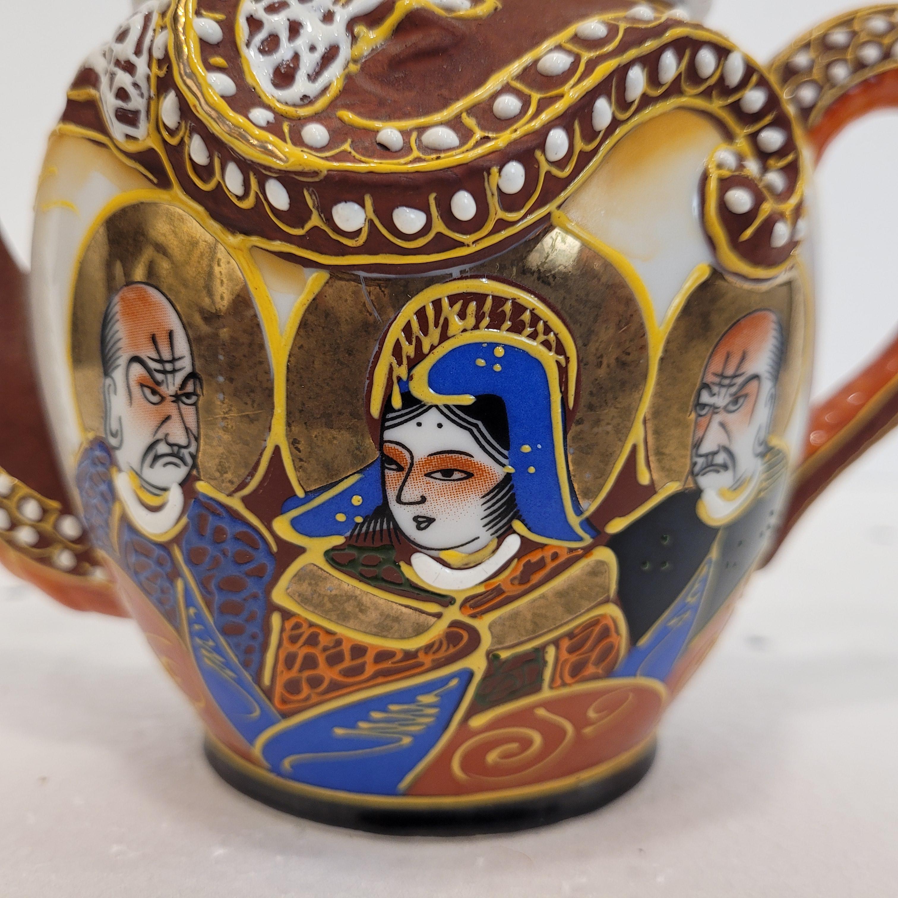 Japanese Satsuma Red Gold Blue Satsuma Porcelain Tea Set, Nakasima Japan For Sale