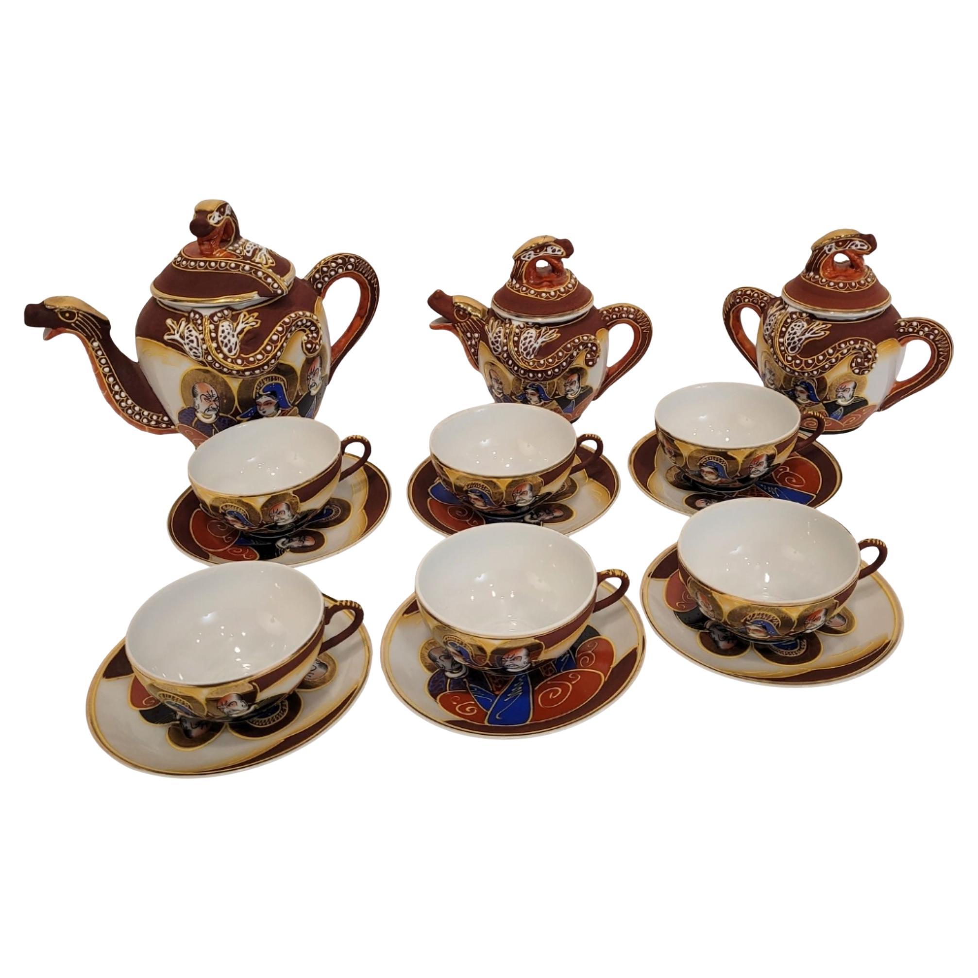 Satsuma Red Gold Blue Satsuma Porcelain Tea Set, Nakasima Japan For Sale