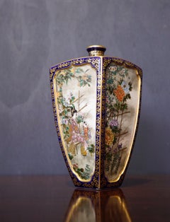 Satsuma Square Vase, Kinkozan, with Flowers and Figures, circa 1890