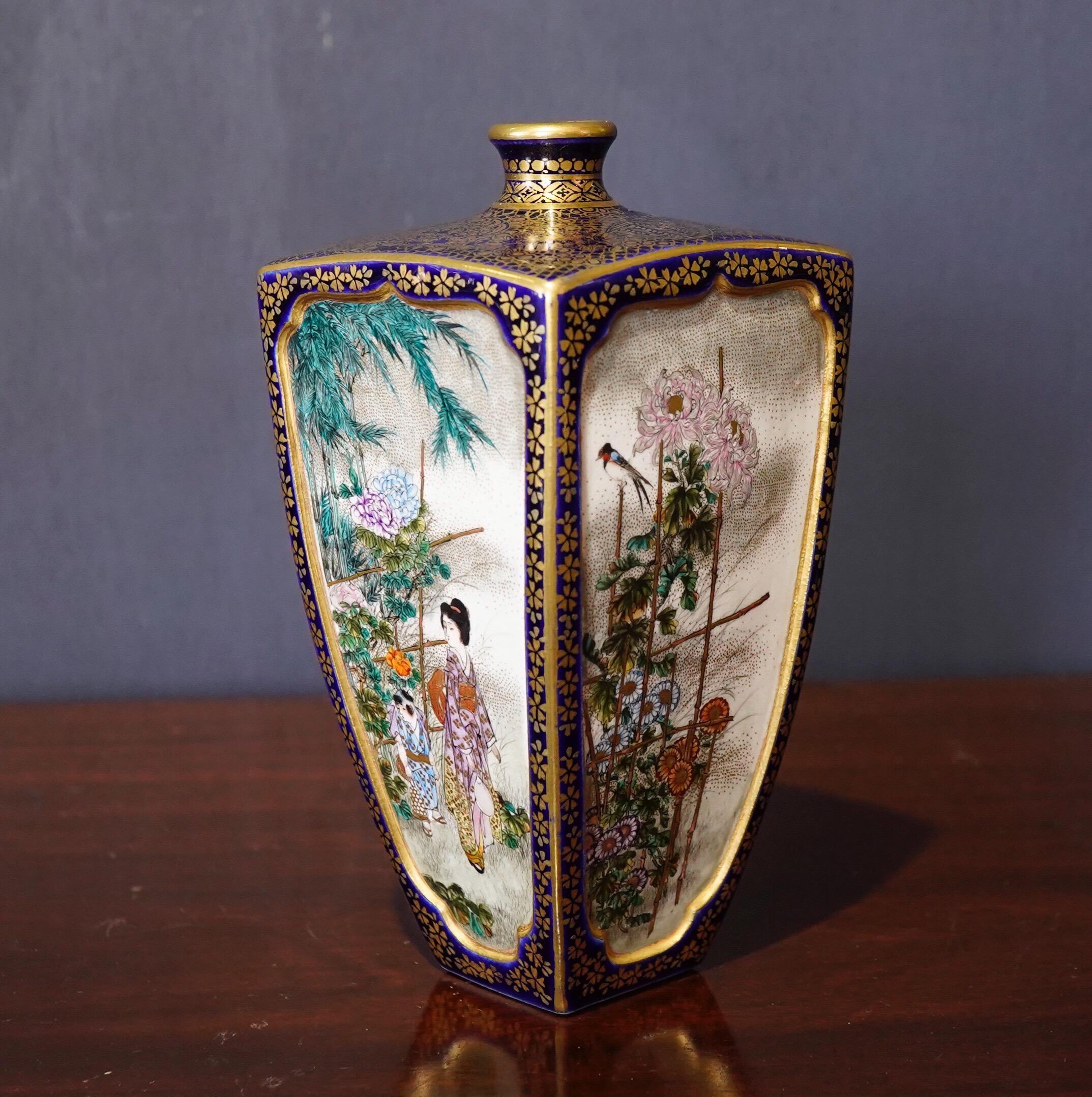 Late 19th Century Satsuma Square Vase, Kinkozan, with Flowers and Figures, circa 1890 For Sale