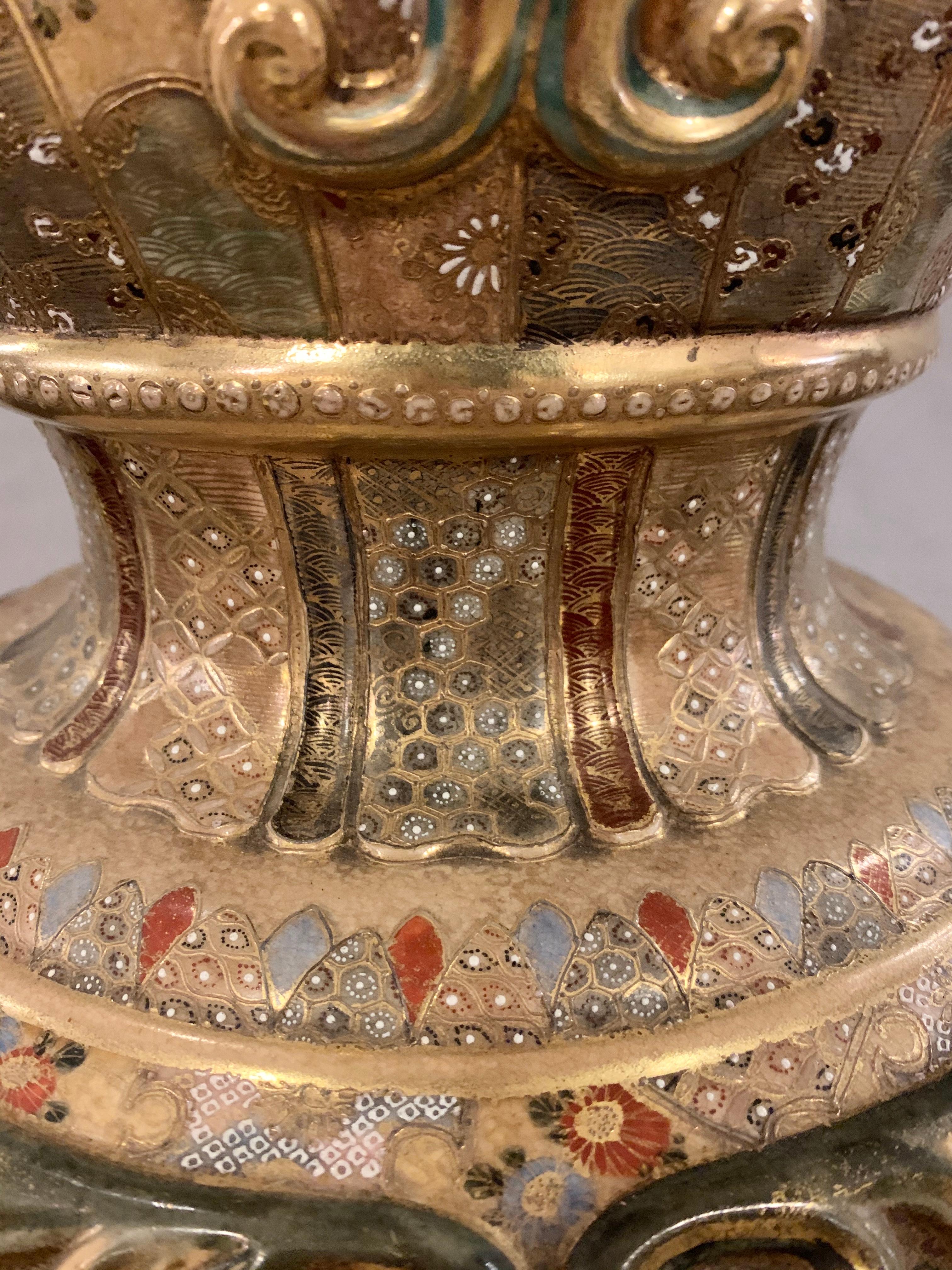 Satsuma Thousand Face Vase or Urn Palace Sized Twin Handled 6