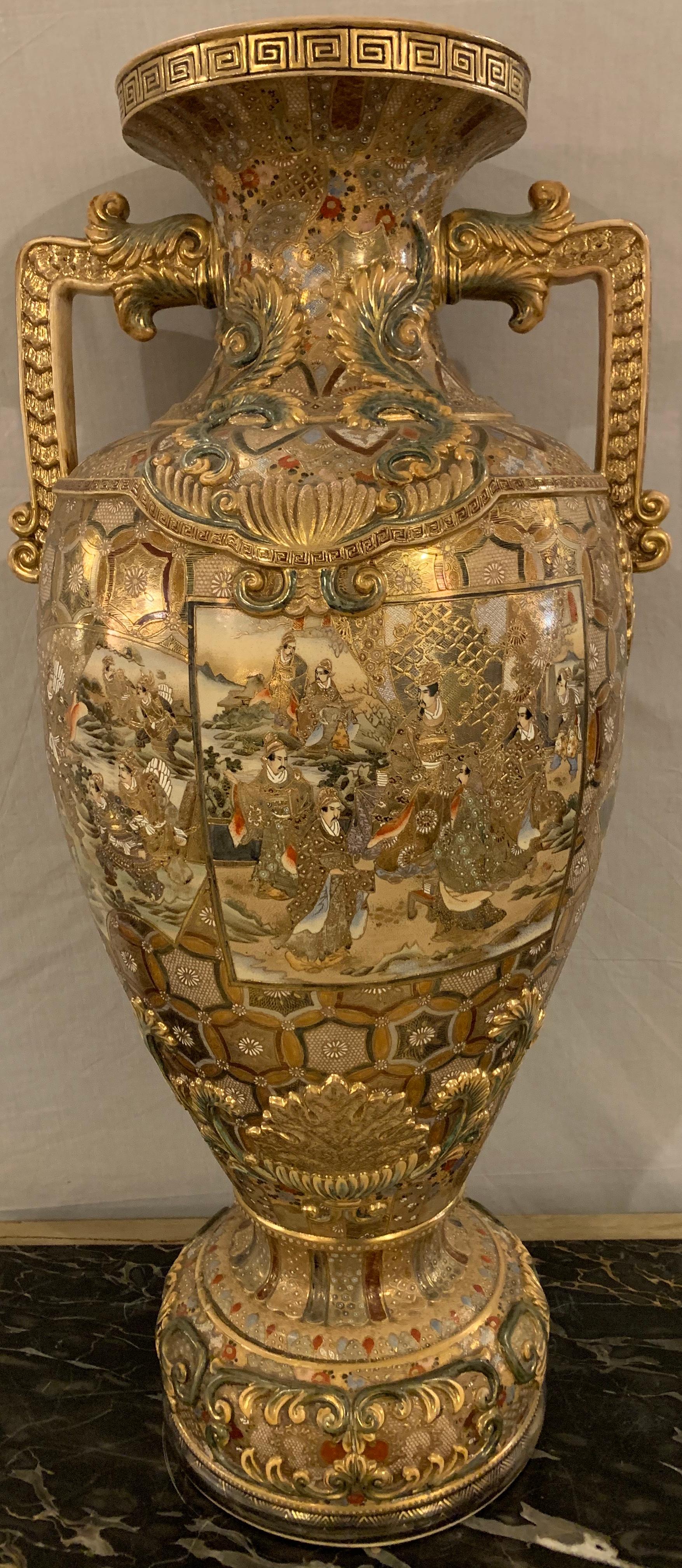 Satsuma Thousand Face Vase or Urn Palace Sized Twin Handled 8