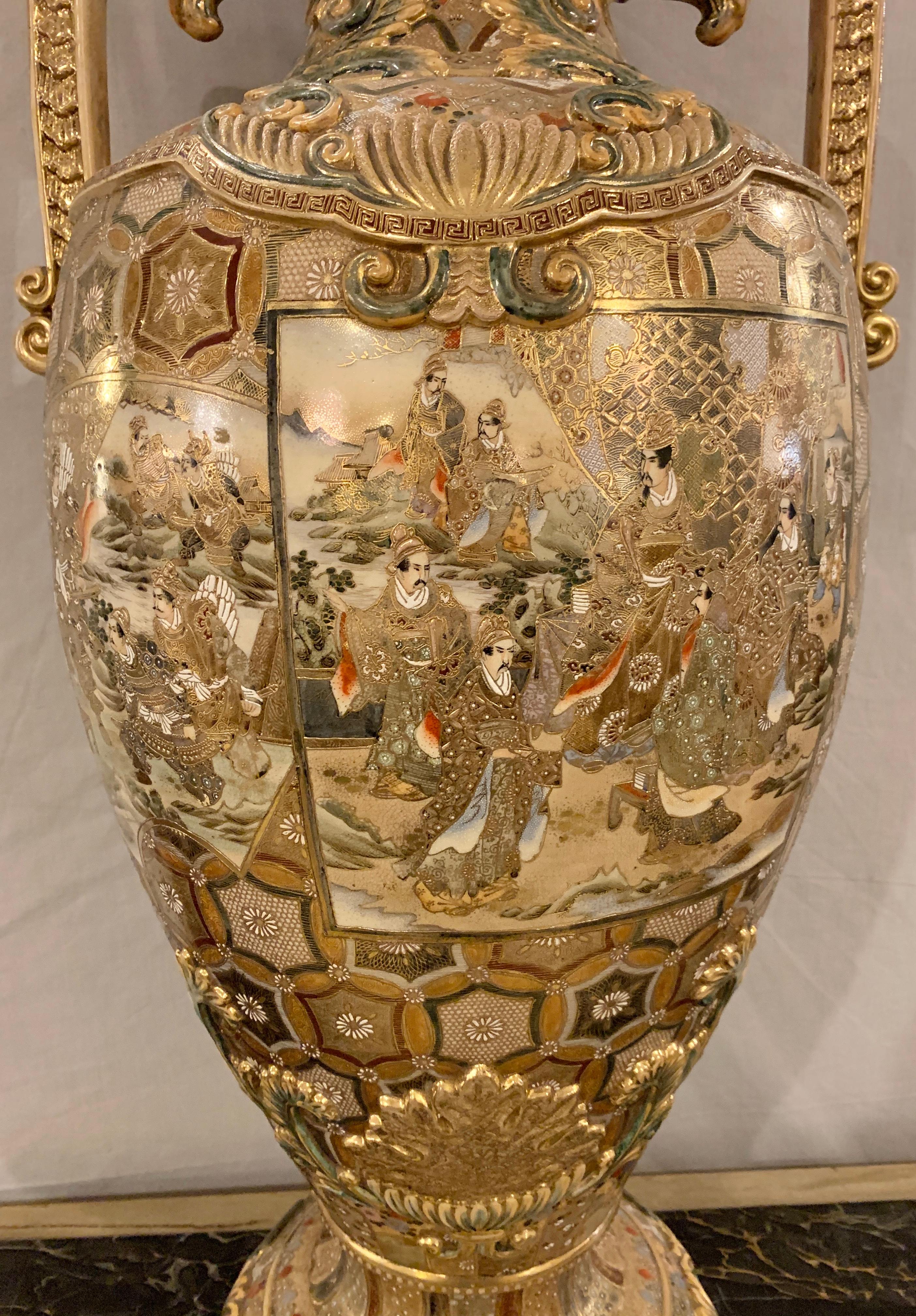 Satsuma Thousand Face Vase or Urn Palace Sized Twin Handled 9