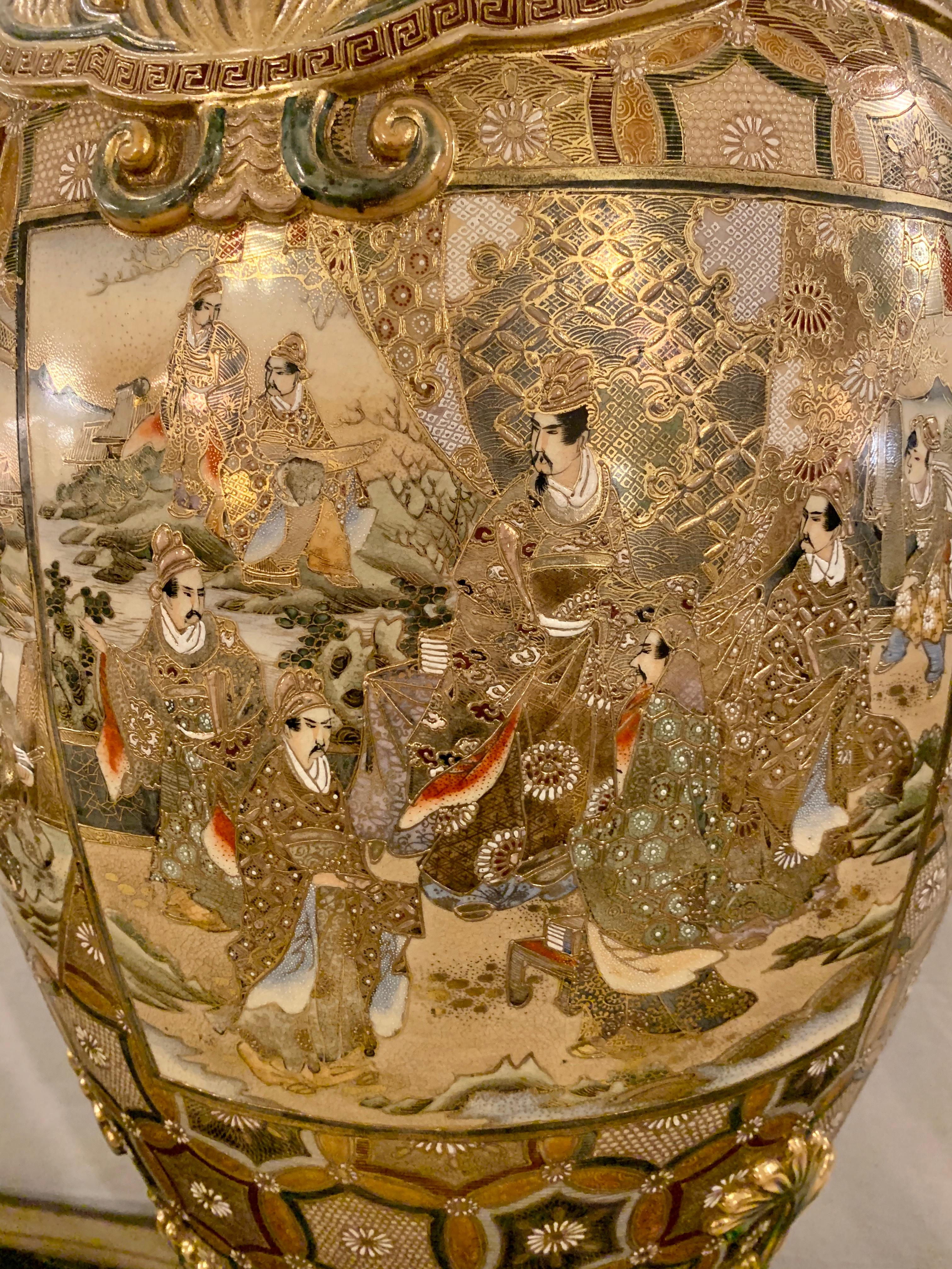 Satsuma Thousand Face Vase or Urn Palace Sized Twin Handled 11