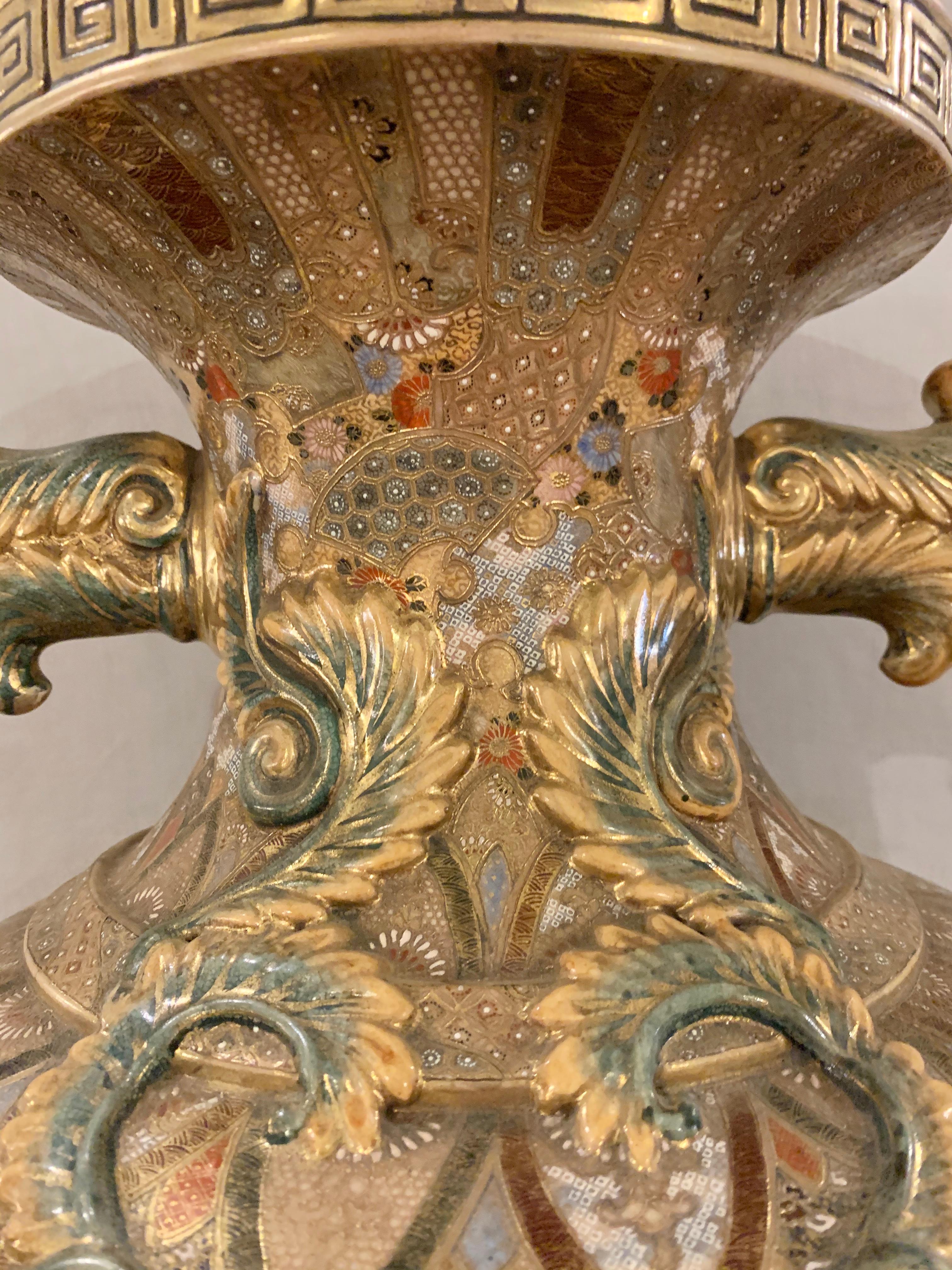 Mid-20th Century Satsuma Thousand Face Vase or Urn Palace Sized Twin Handled