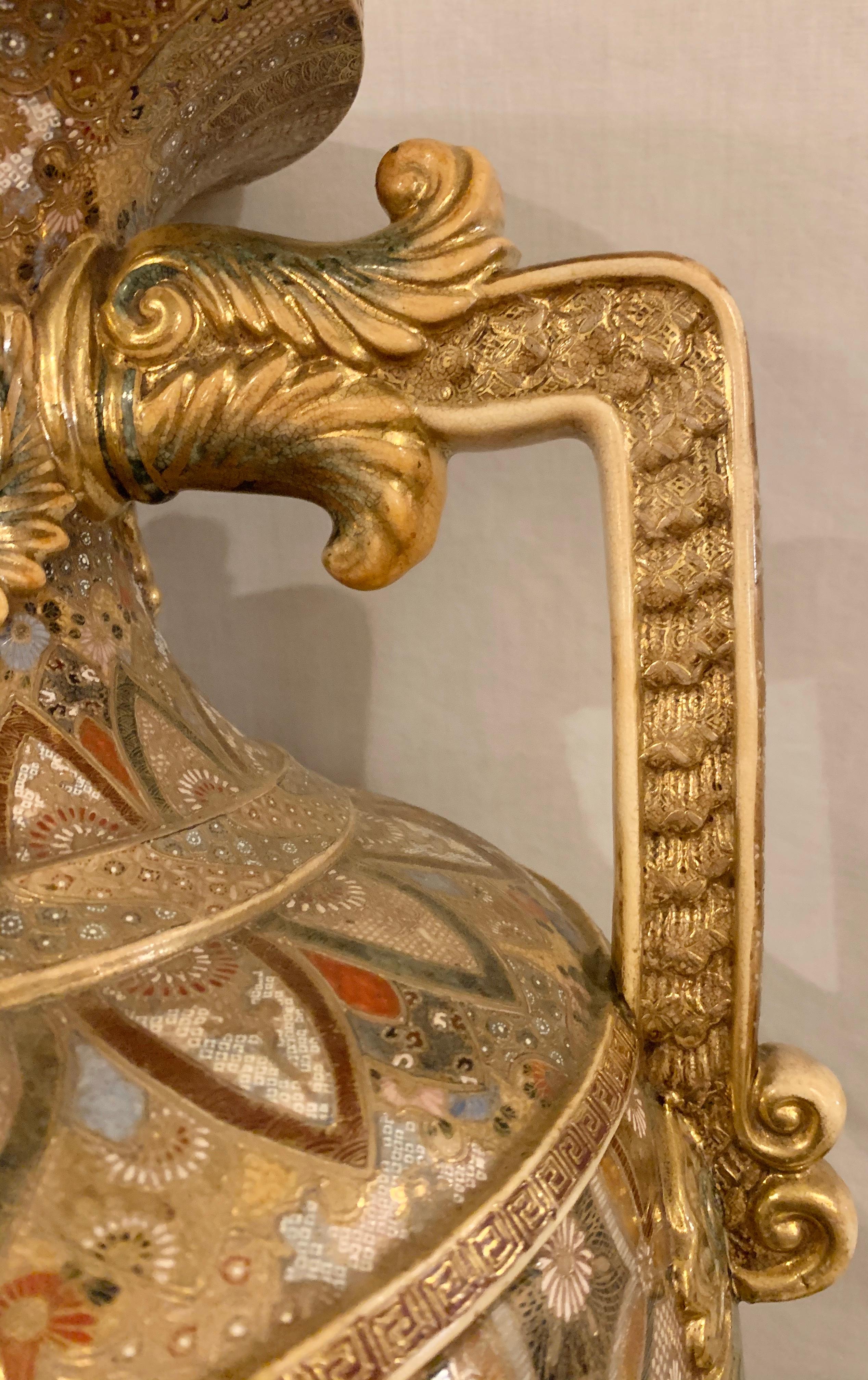 Ceramic Satsuma Thousand Face Vase or Urn Palace Sized Twin Handled