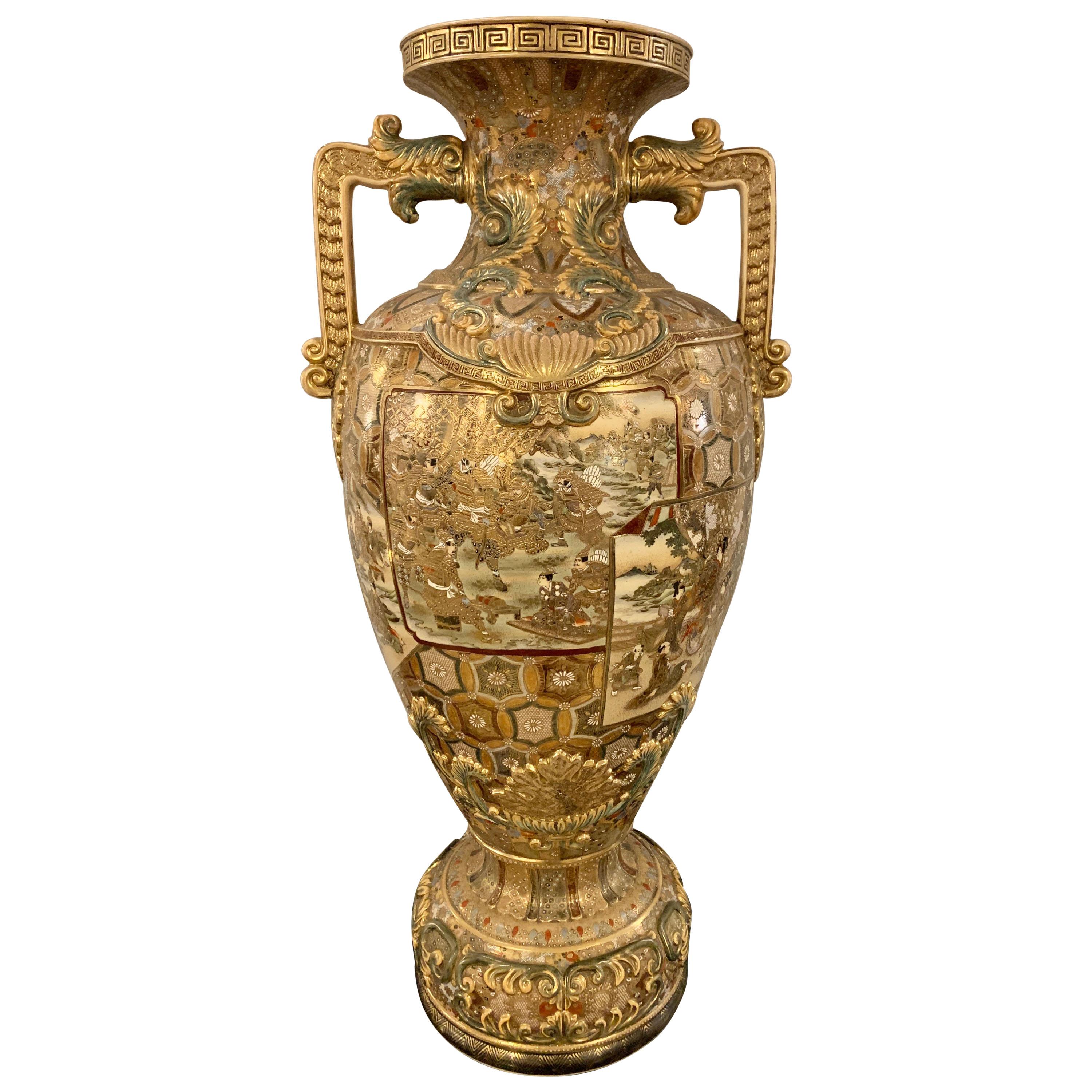 Satsuma Thousand Face Vase or Urn Palace Sized Twin Handled