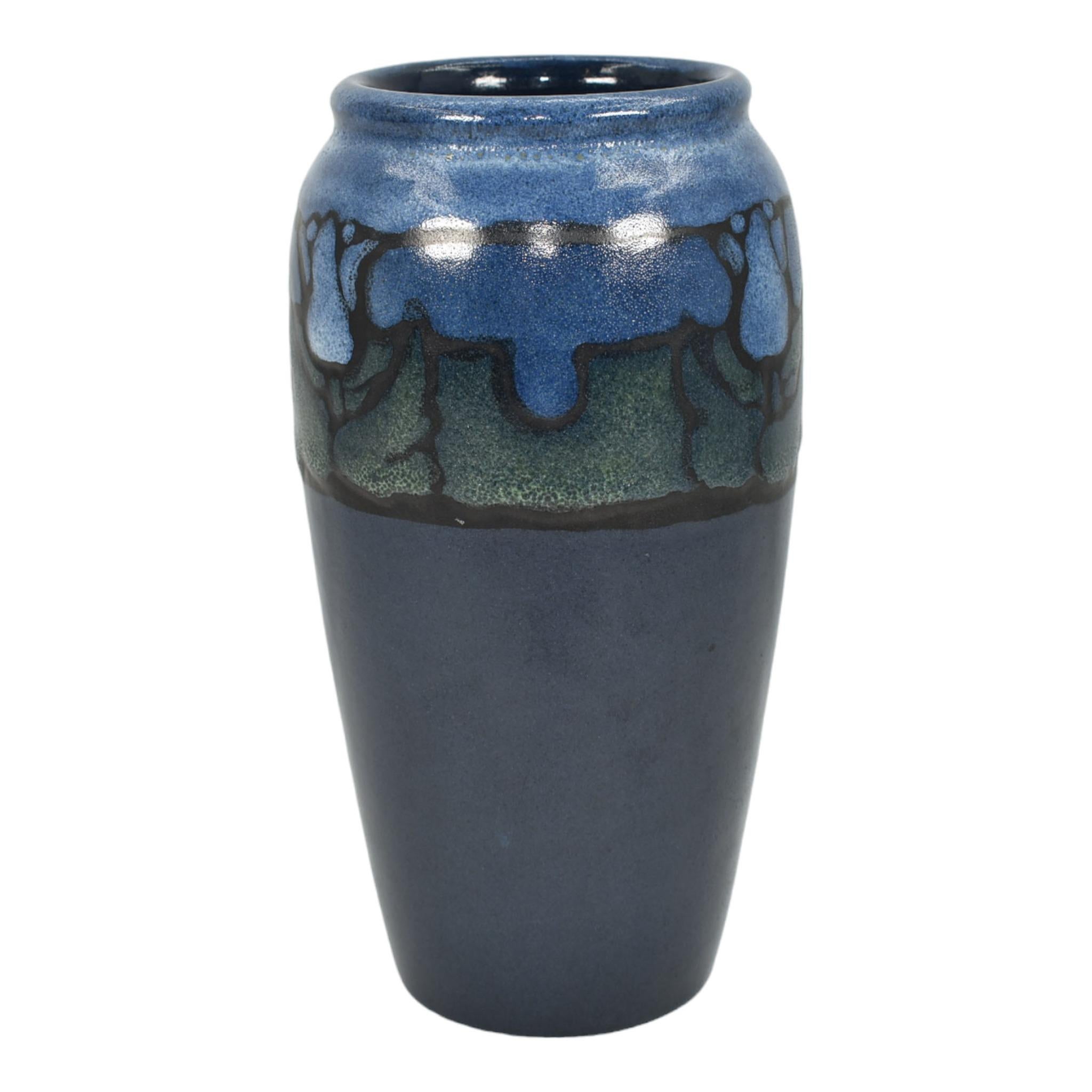Arts and Crafts Saturday Evening Girls SEG 1925 Vintage Art Pottery Tulip Blue Ceramic Vase For Sale
