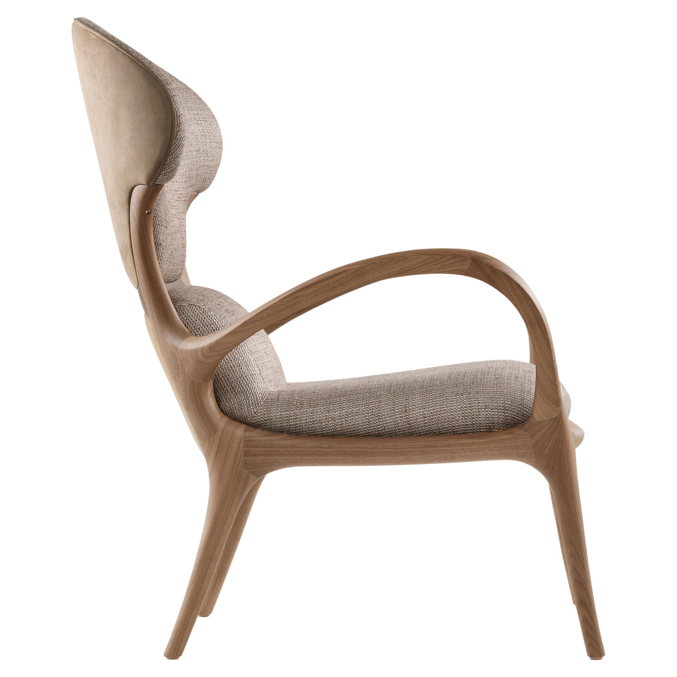 Roberto Lazzeroni "Saturn Armchair", Beige Leather/ Fabric, Walnut, Italy 2015 For Sale