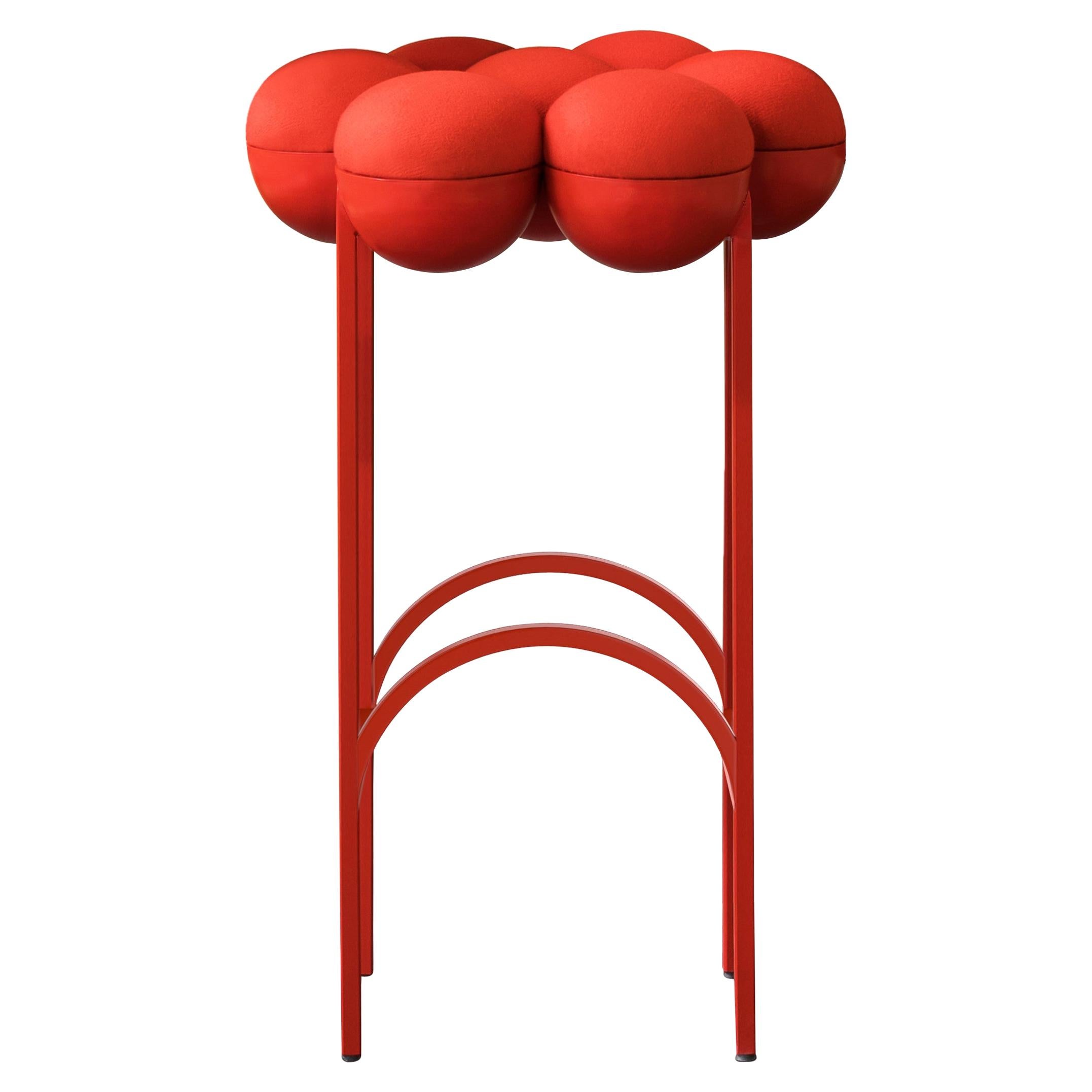 Saturn Barhocker, modern, skulptural, roter Rahmen und roter Wollstoff
