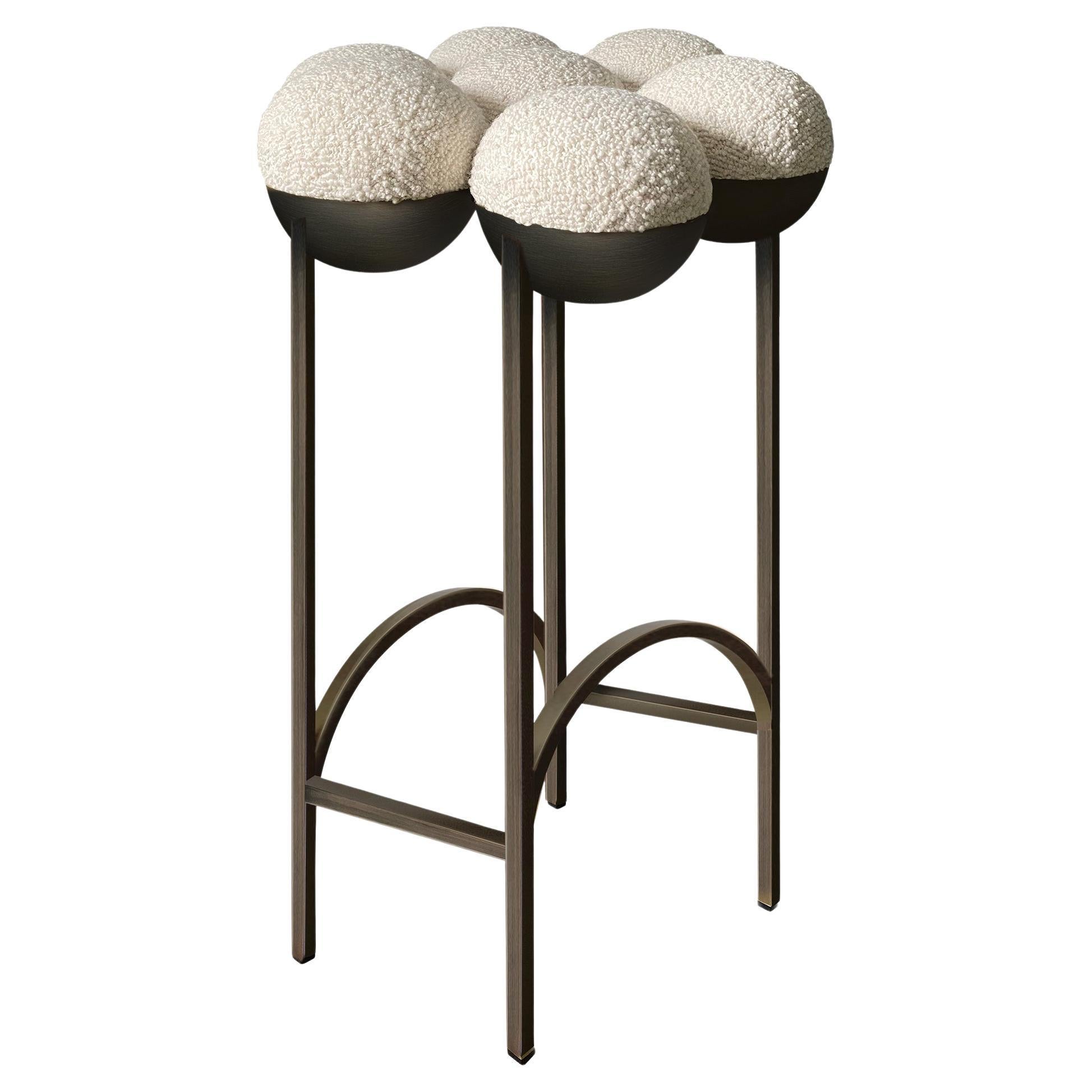 Saturn Barstool, Modern, Sculptural, Bronze Frame and Cream Boucle