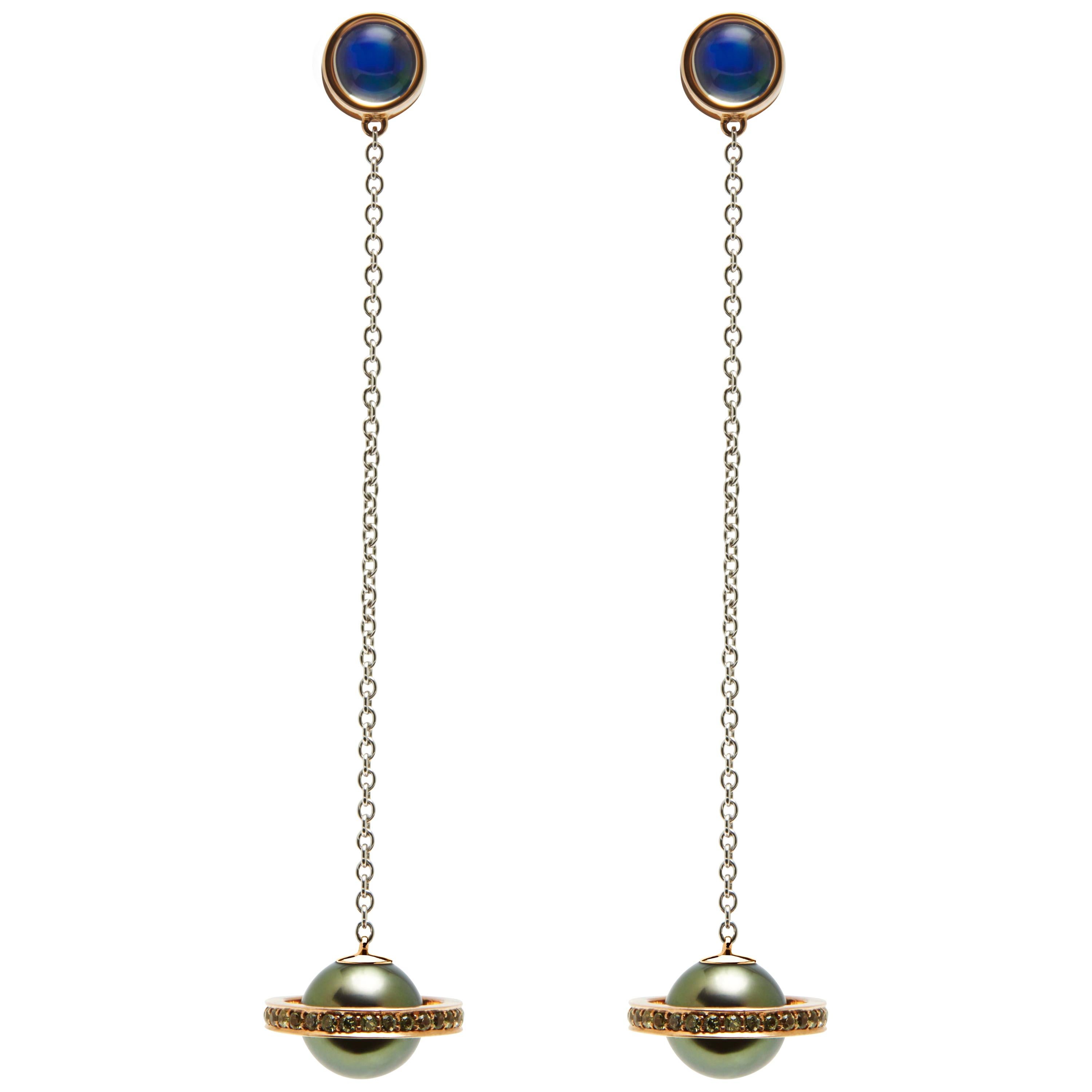 Saturn Chains Stoned, South Sea Pearl, Mexican Opal, Sapphire Drop Earrings For Sale