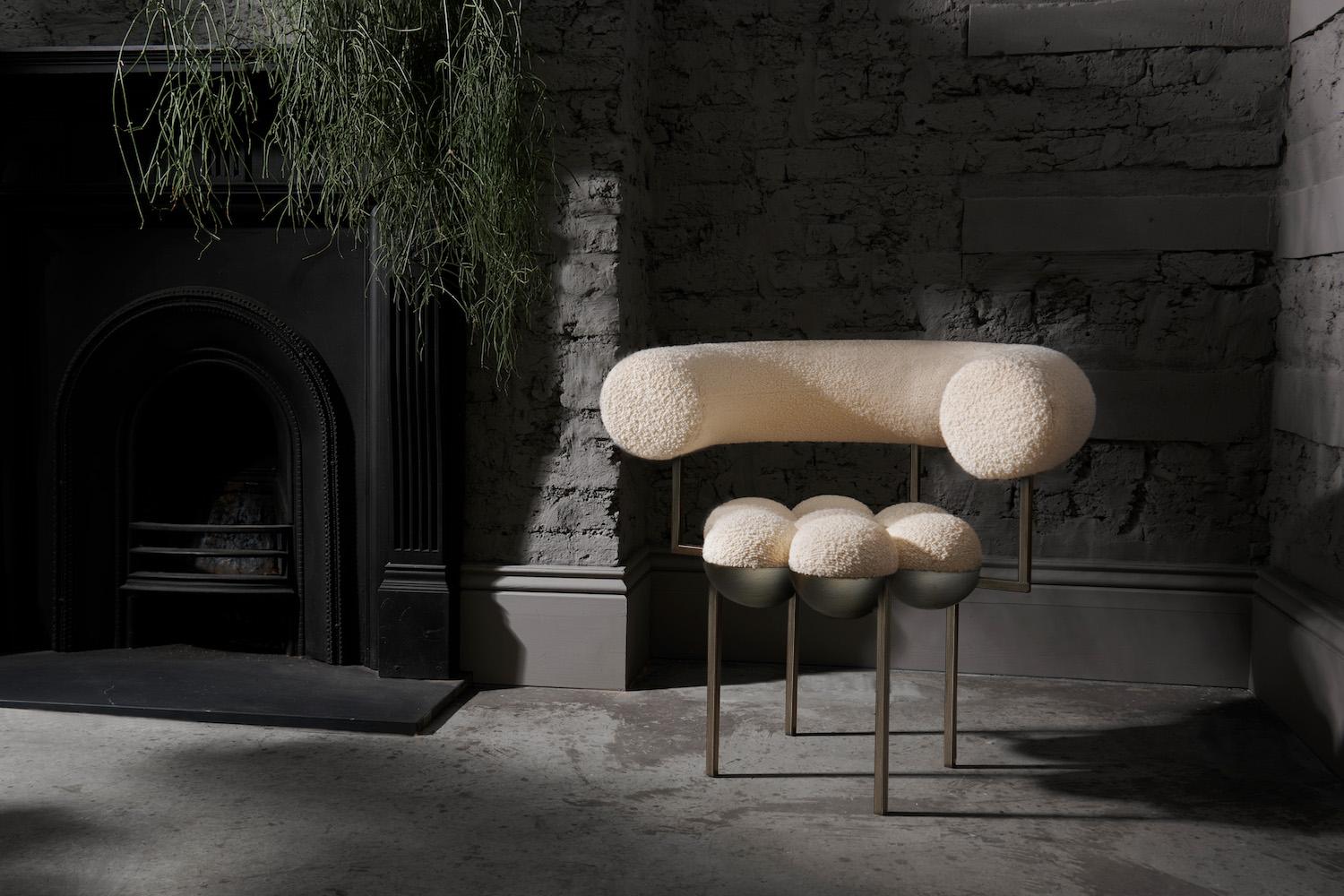 Blackened Saturn Chair Bronze Oxidized Steel and Cream Boucle Wool by Lara Bohinc in Stock For Sale