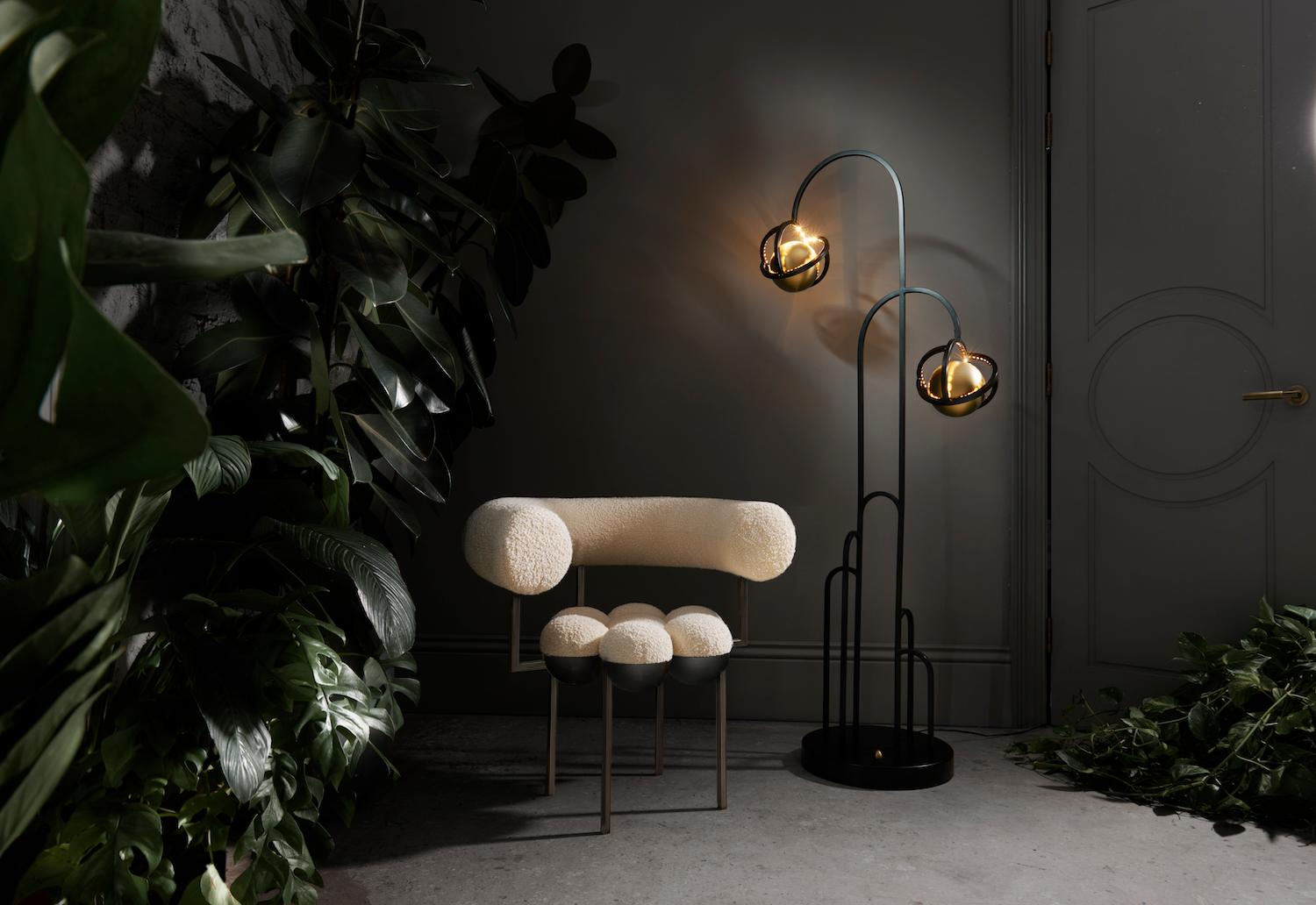 Contemporary Saturn Chair Bronze Metal Cream Boucle Wool, Modern, Sculptural, in Stock For Sale