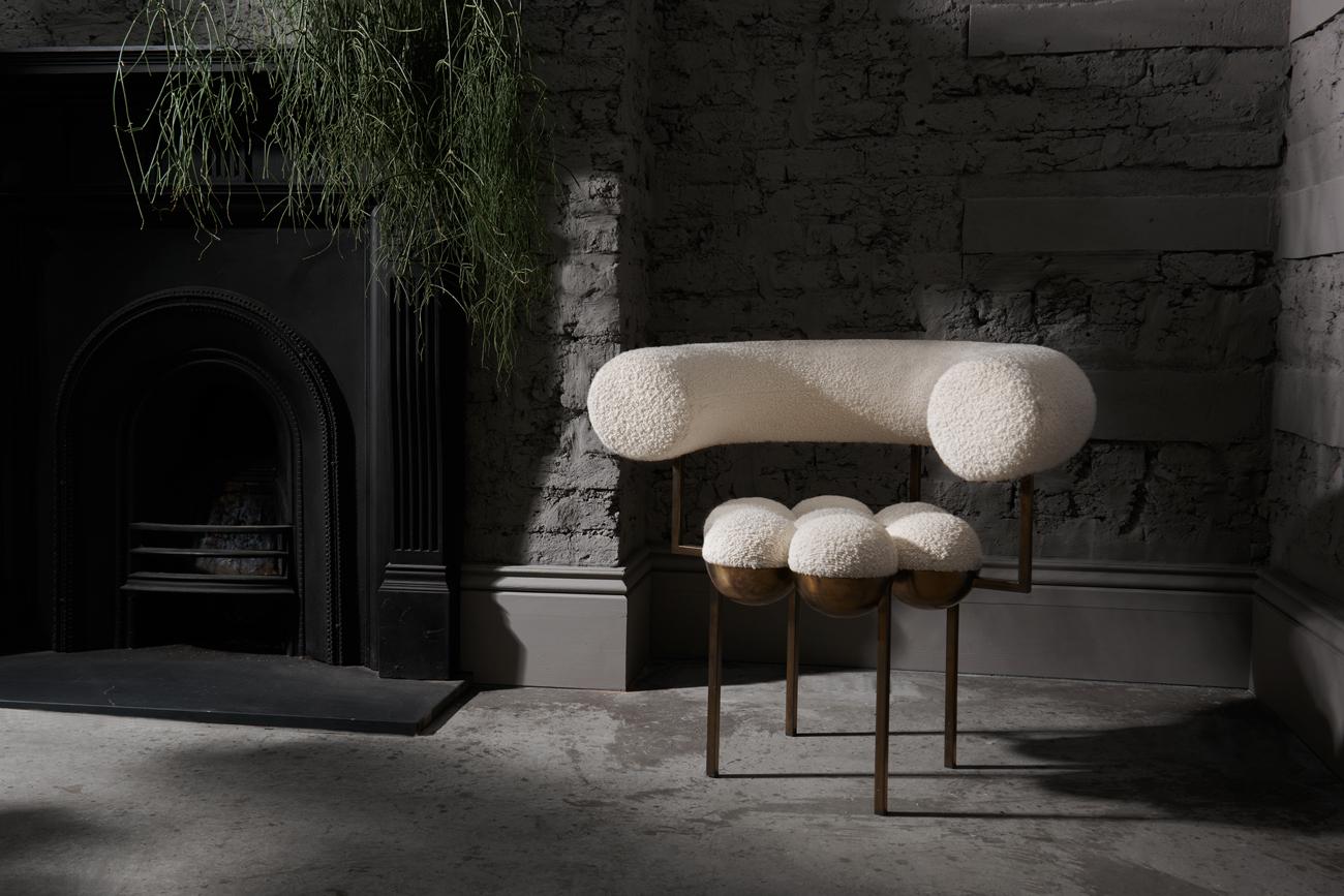 Blackened Saturn Chair, Brushed Brass Frame and Grey Boucle Wool by Lara Bohinc