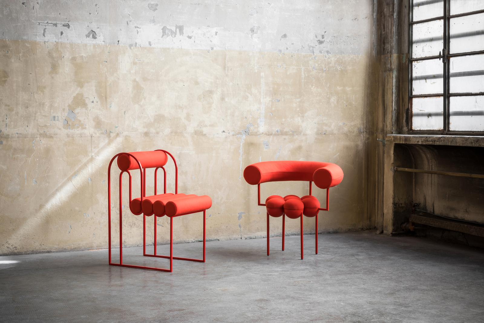 Moderne Chaise Saturn, cadre en acier revêtu en rouge et en laine rouge de Lara Bohinc en vente