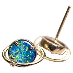 Saturn Design Doublet Opal Stud Earrings 14K Yellow Gold