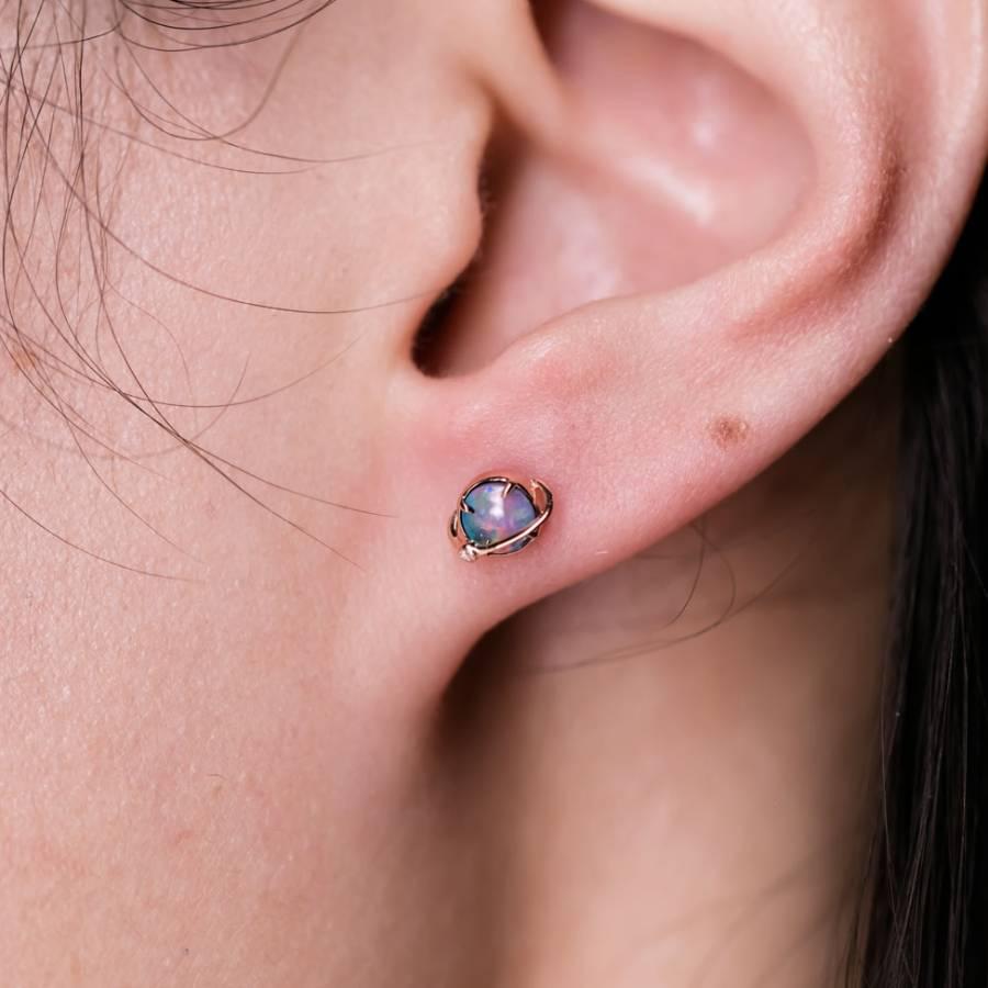 Arts and Crafts Saturn Design Doublet Opal Stud Earrings 18K Rose Gold For Sale